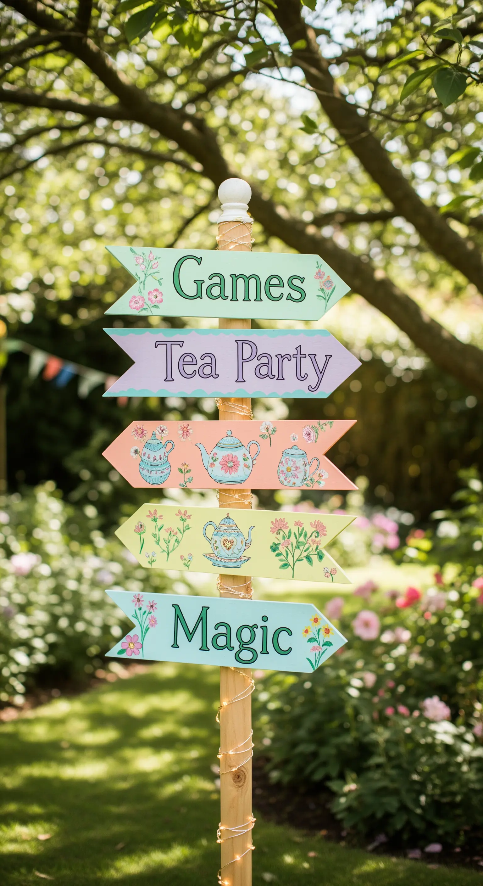 Palo segnaletico con frecce color pastello dipinte a mano per una festa in giardino.