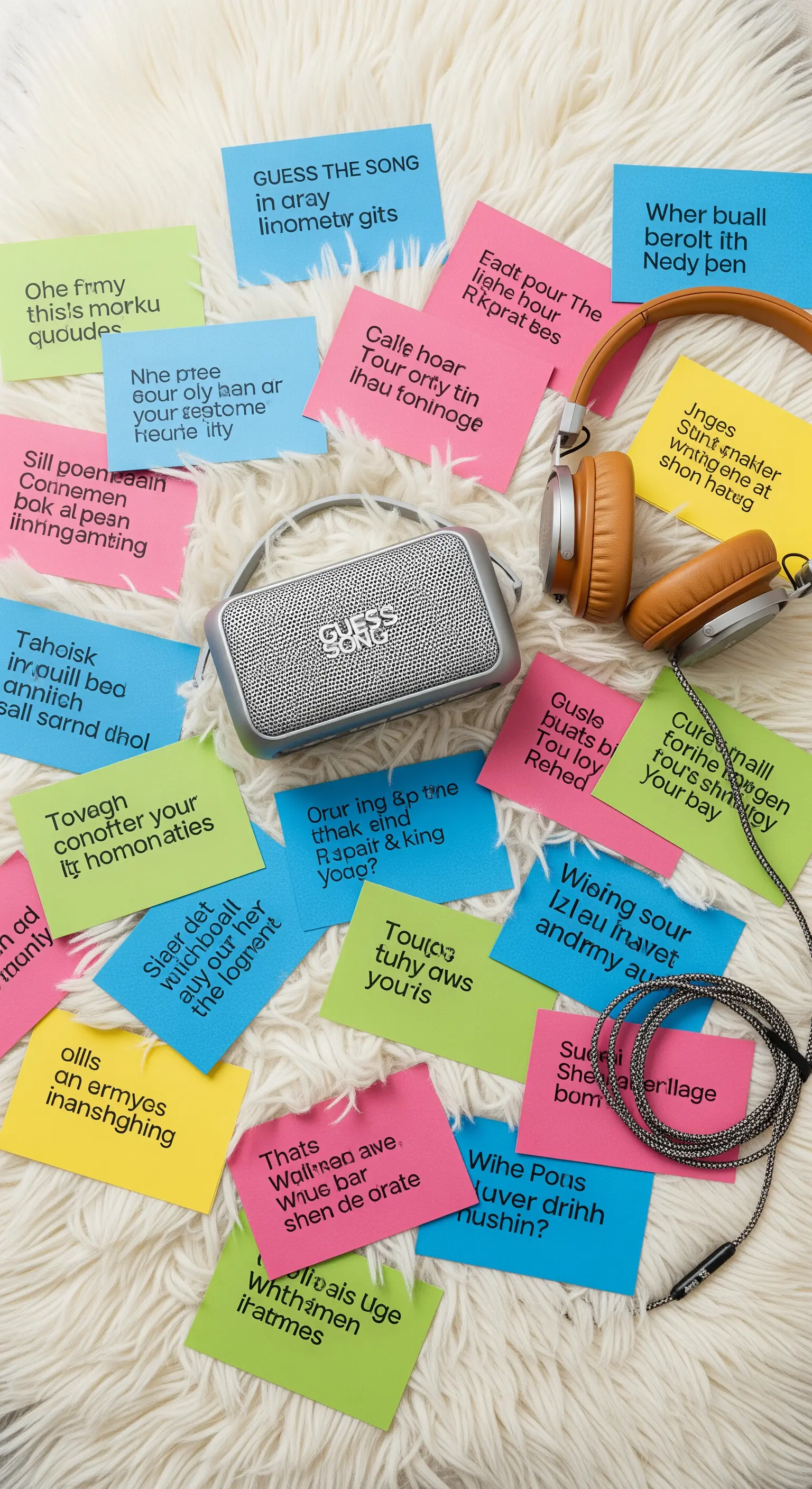 Bigliettini colorati con testi di canzoni, cuffie e uno speaker per un gioco musicale