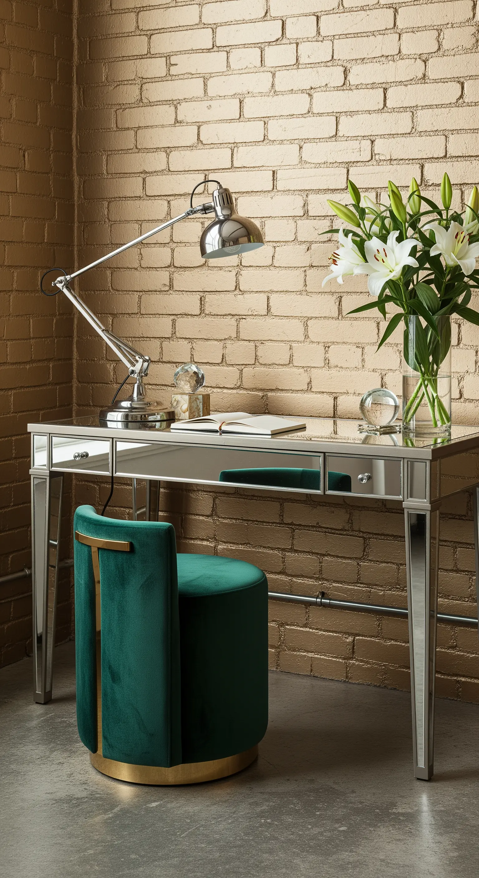 Scrivania a specchio e sgabello in velluto verde contro una parete di mattoni dorati.