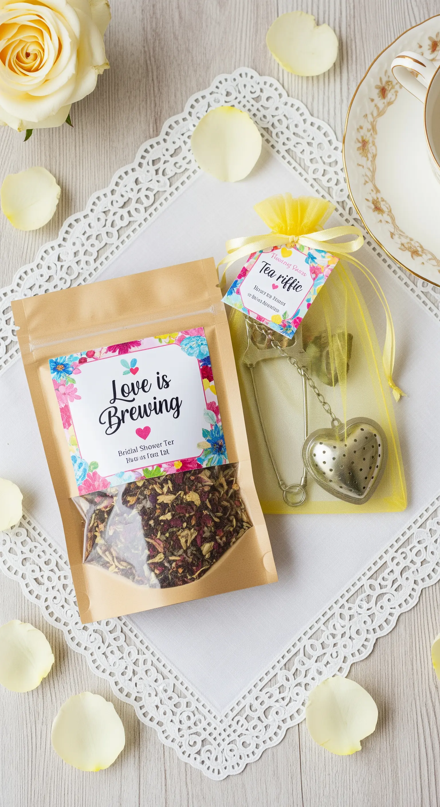 Regalino con miscela di tè e infusore a forma di cuore per addio al nubilato.