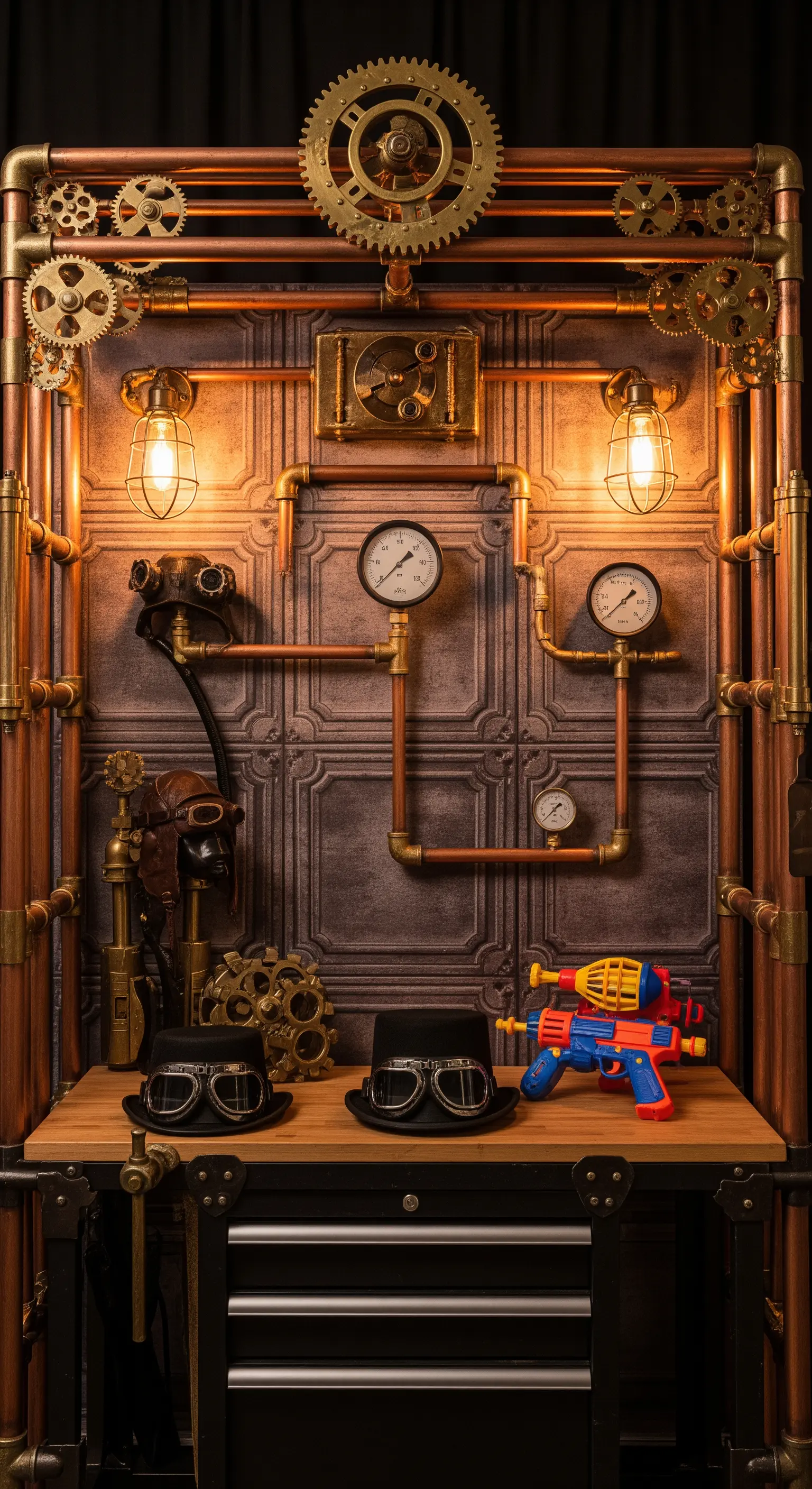 Photo booth a tema steampunk con tubi di rame, ingranaggi, manometri e lampadine di Edison.