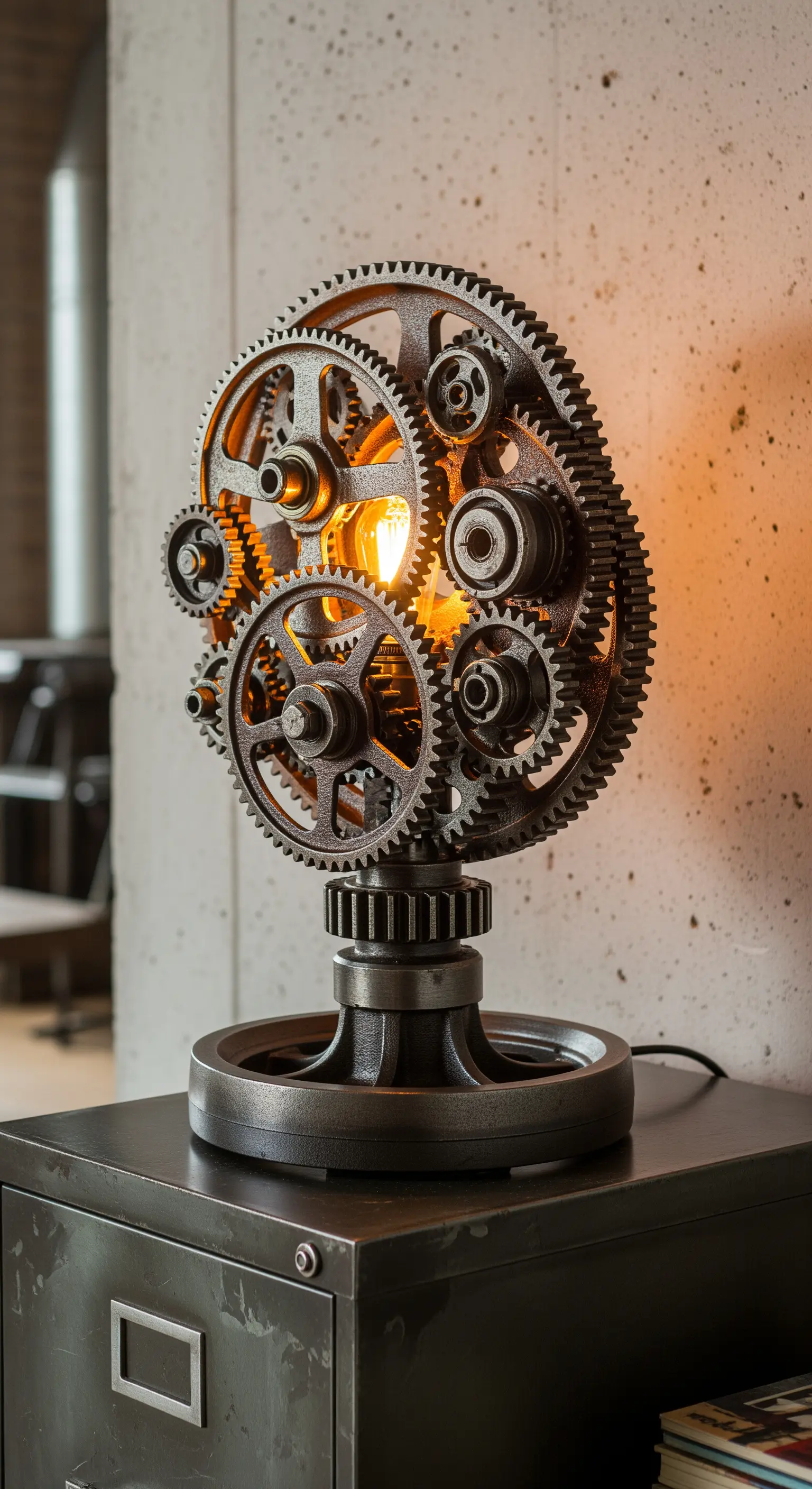 Lampada da tavolo scultorea realizzata con un assemblaggio di ingranaggi metallici industriali.