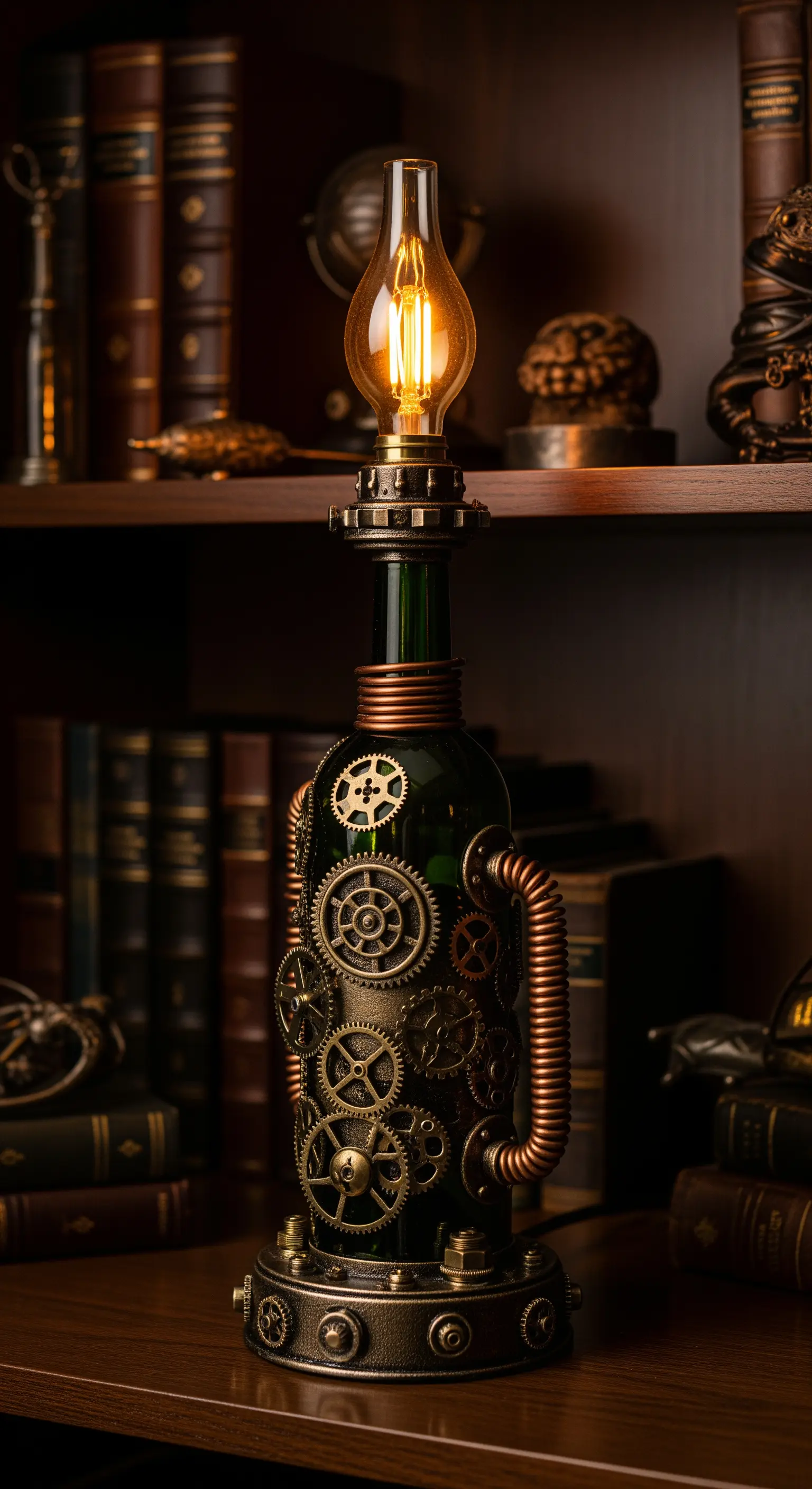 Lampada in stile steampunk realizzata con una bottiglia decorata con ingranaggi e tubi di rame.
