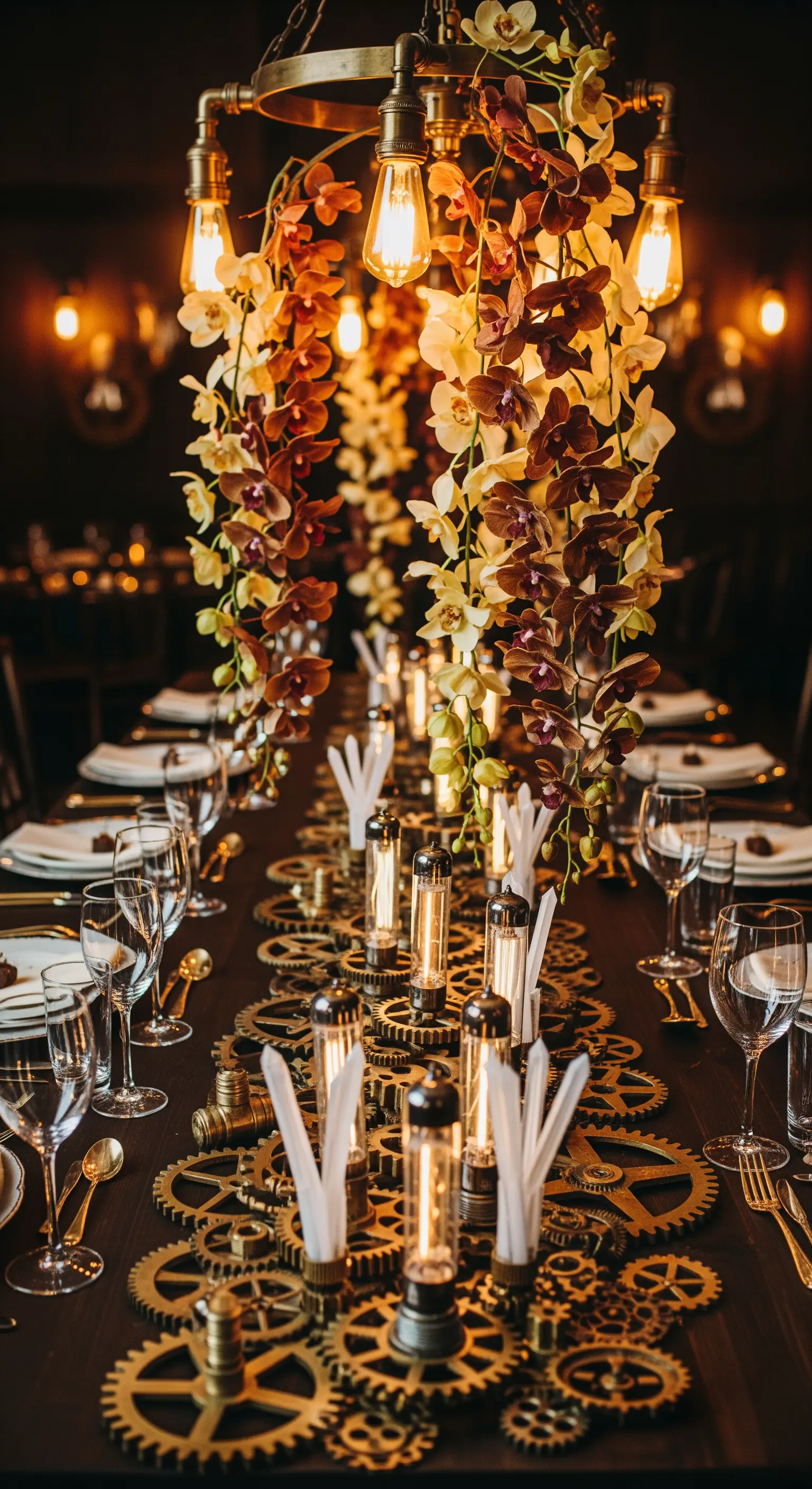 Tavolo a tema steampunk con runner di ingranaggi, lampadine Edison e orchidee scure.