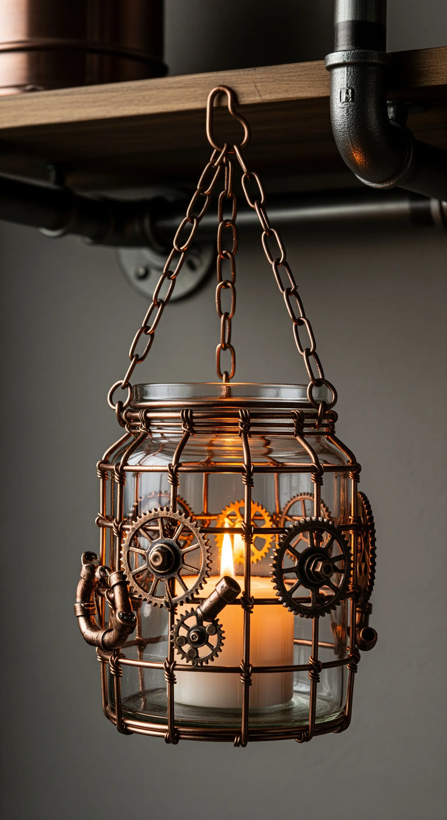 Portacandela steampunk con gabbia di rame decorata da ingranaggi e componenti meccanici.