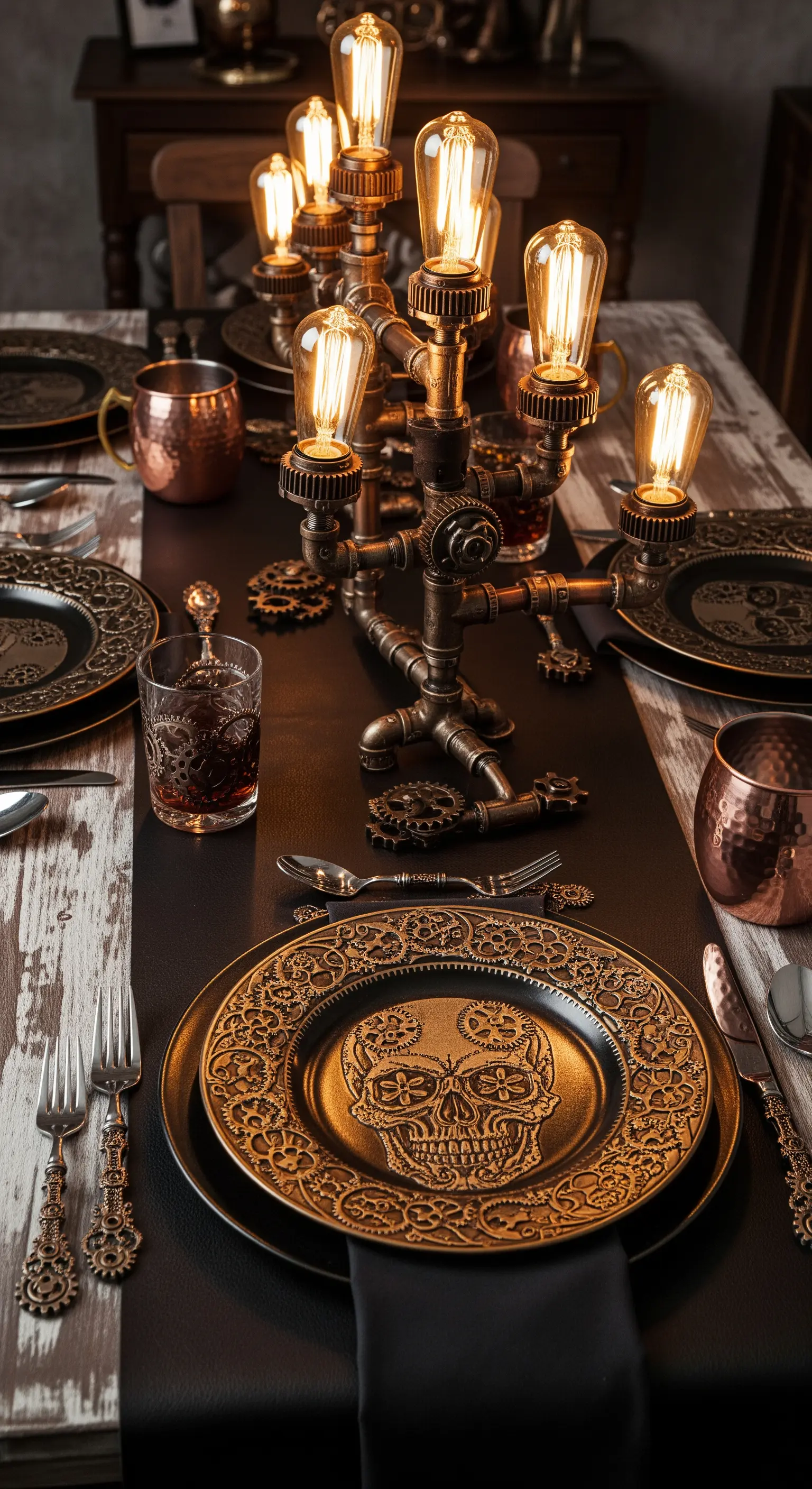 Tavola di Halloween in stile steampunk con lampada industriale e piatti color bronzo.