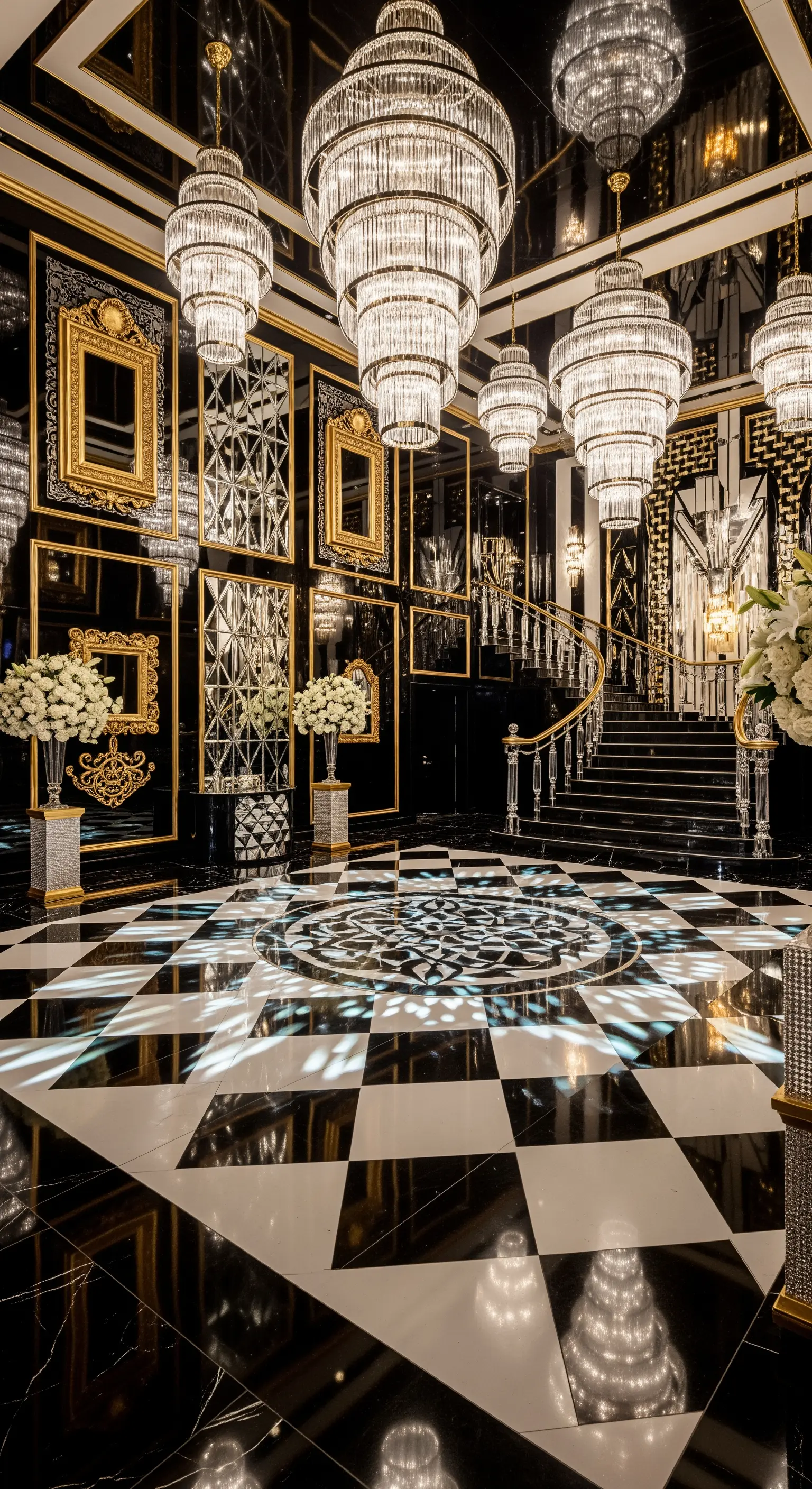 Ingresso lussuoso con pavimento a scacchi, pareti nere e specchi con cornici dorate.