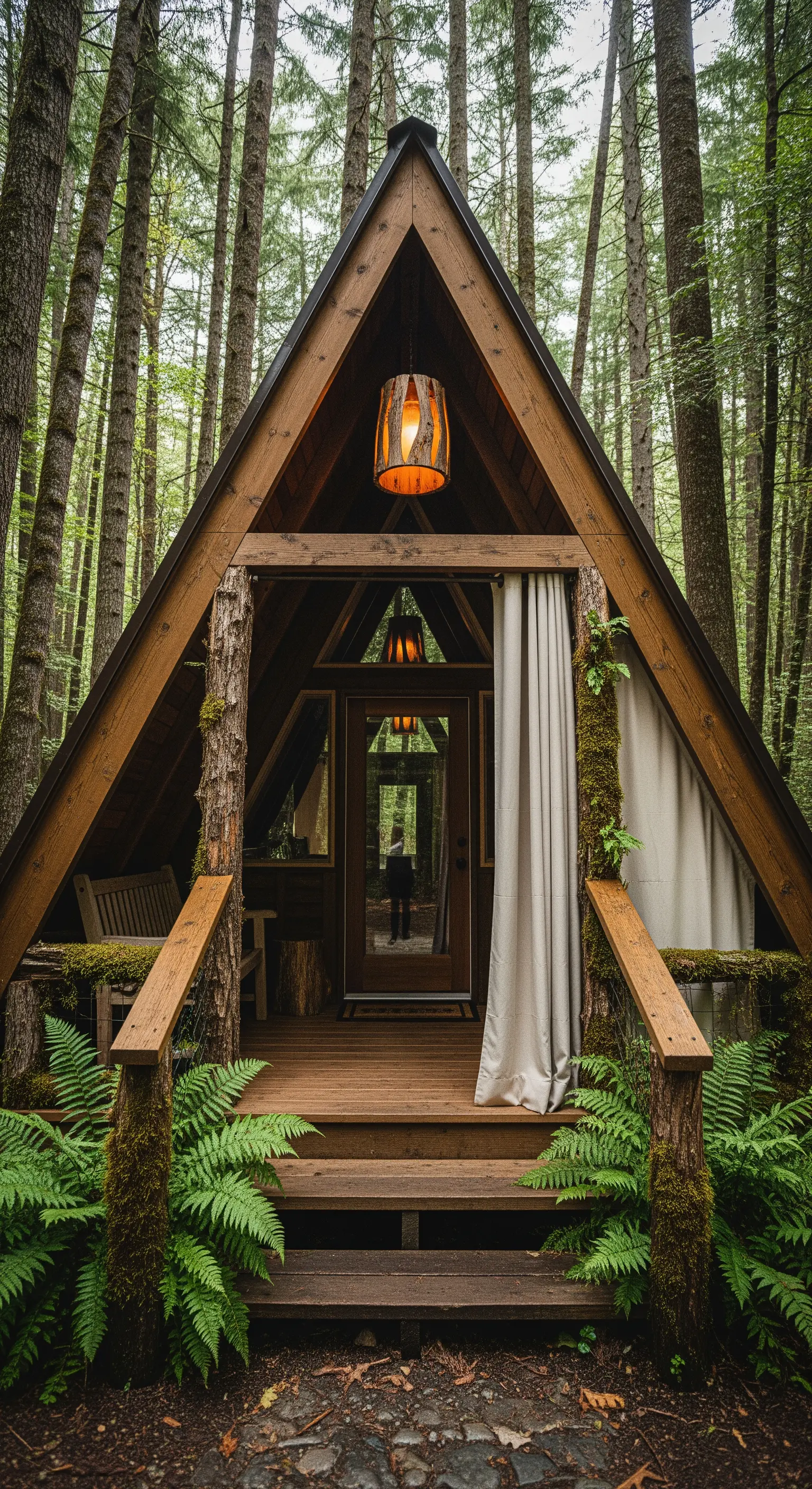 Ingresso di una baita a triangolo nel bosco, con lanterna e tenda.