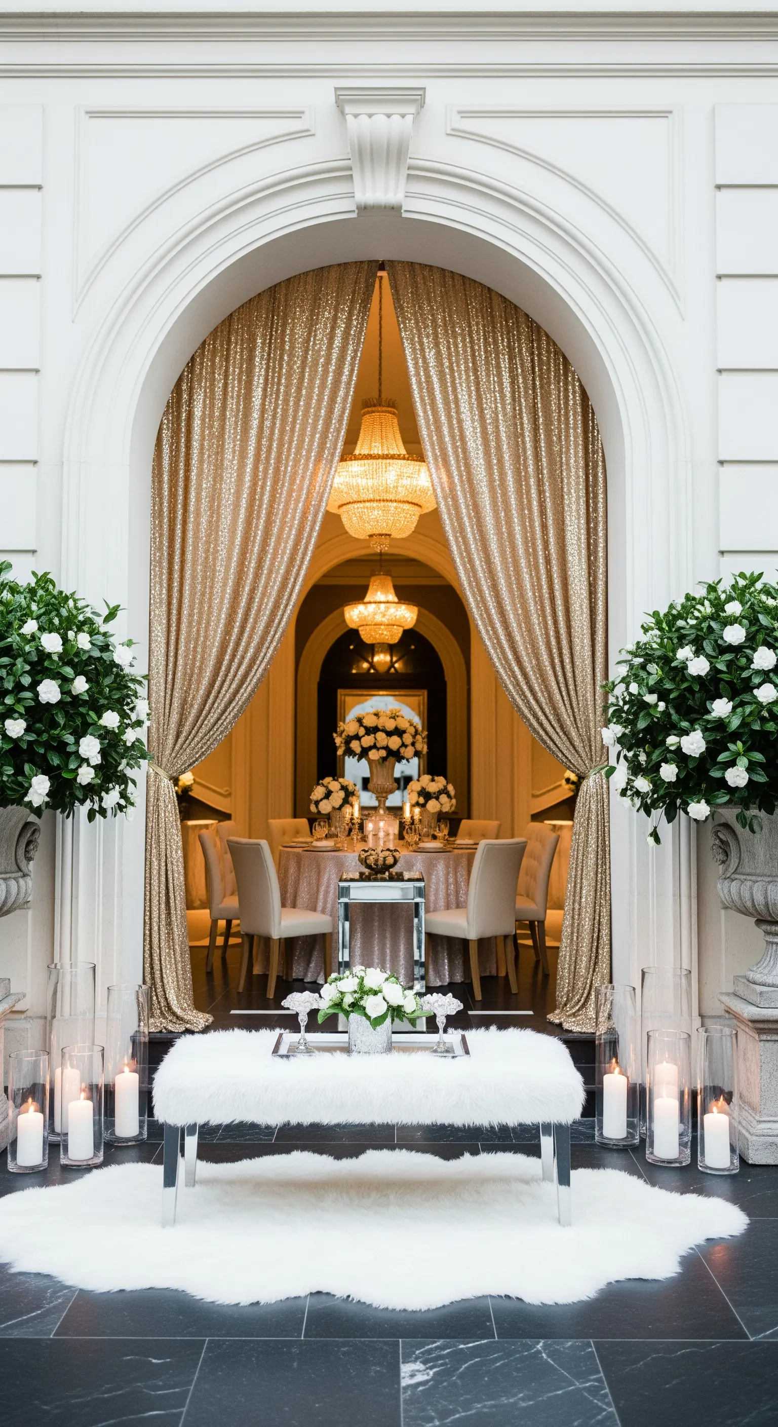 Ingresso elegante con arco bianco, tende dorate di paillettes e panca in pelliccia.