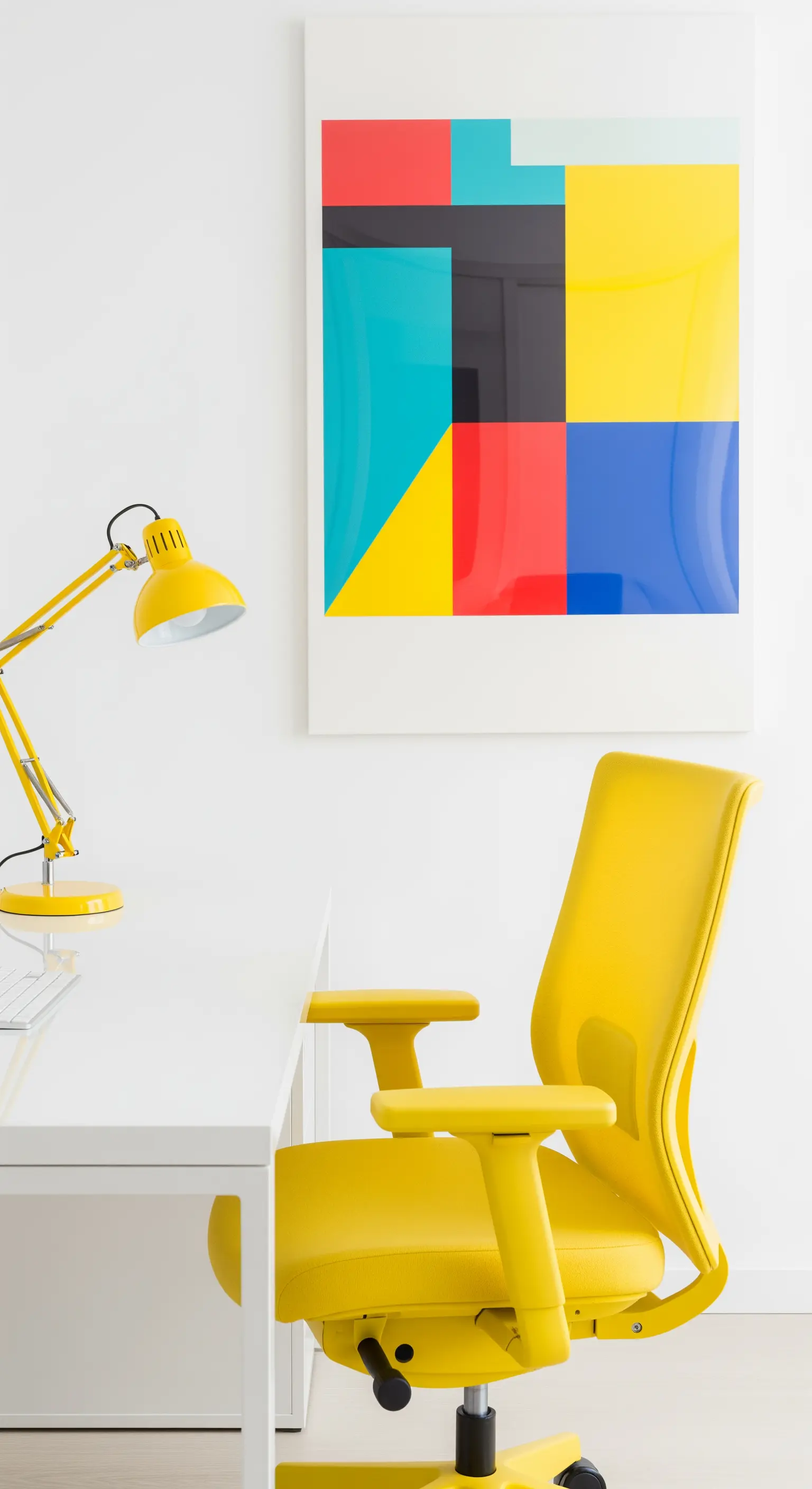Home office total white con sedia da ufficio e lampada di un giallo brillante, e un quadro astratto.