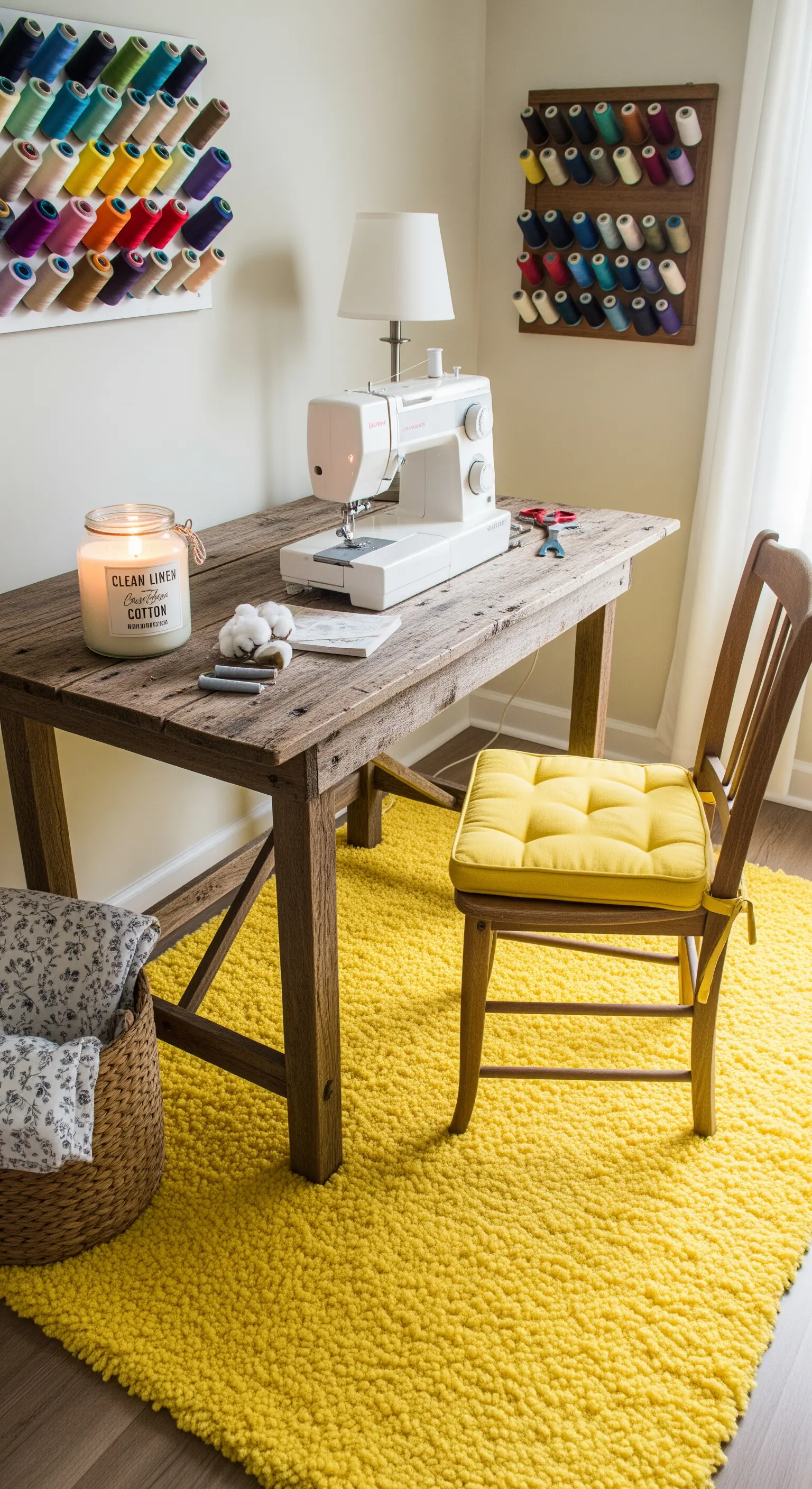Angolo cucito con scrivania in legno rustico e un tappeto a pelo lungo di un giallo acceso.