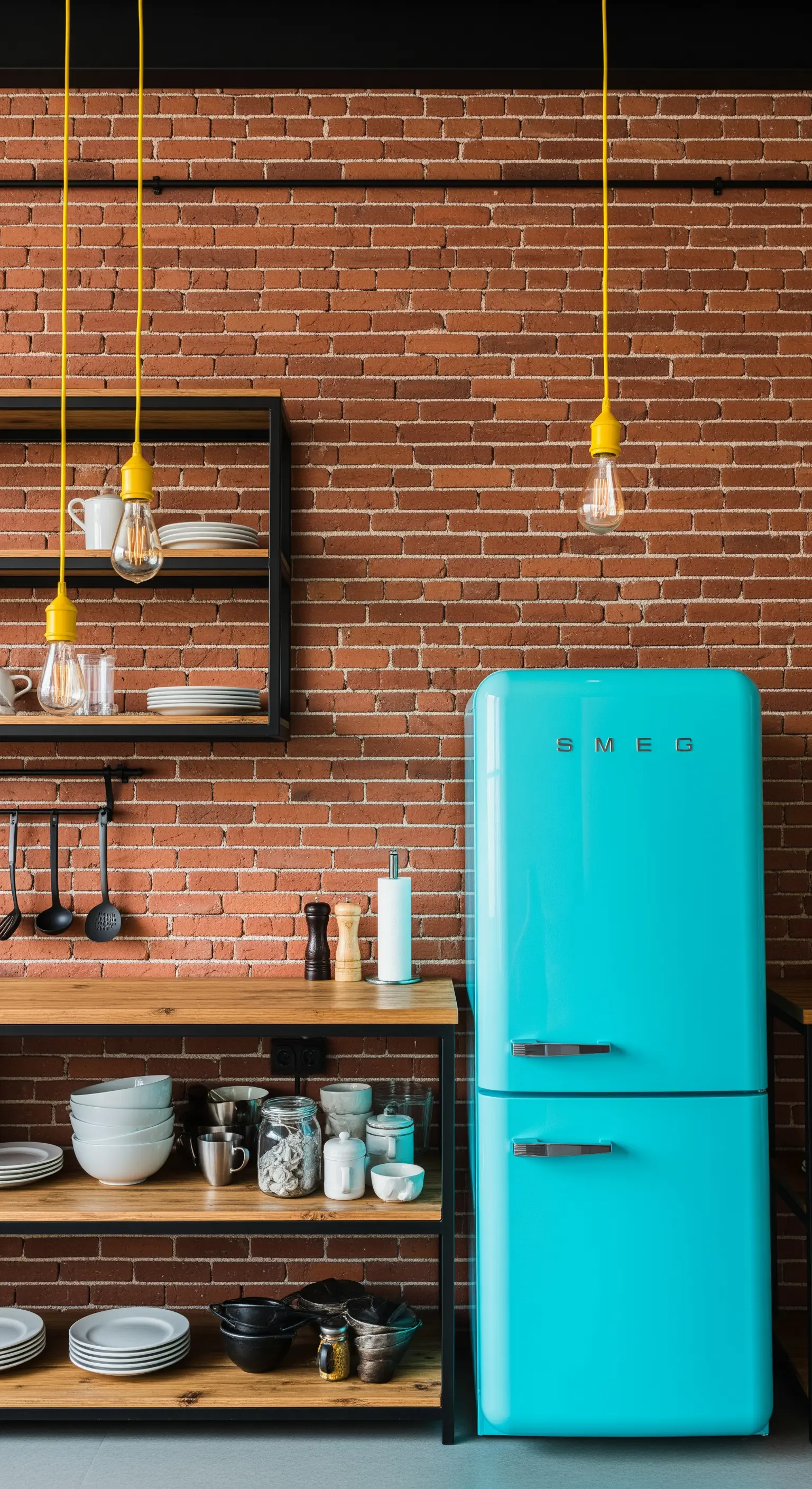 Cucina con parete in mattoni, frigorifero Smeg turchese e lampade gialle.