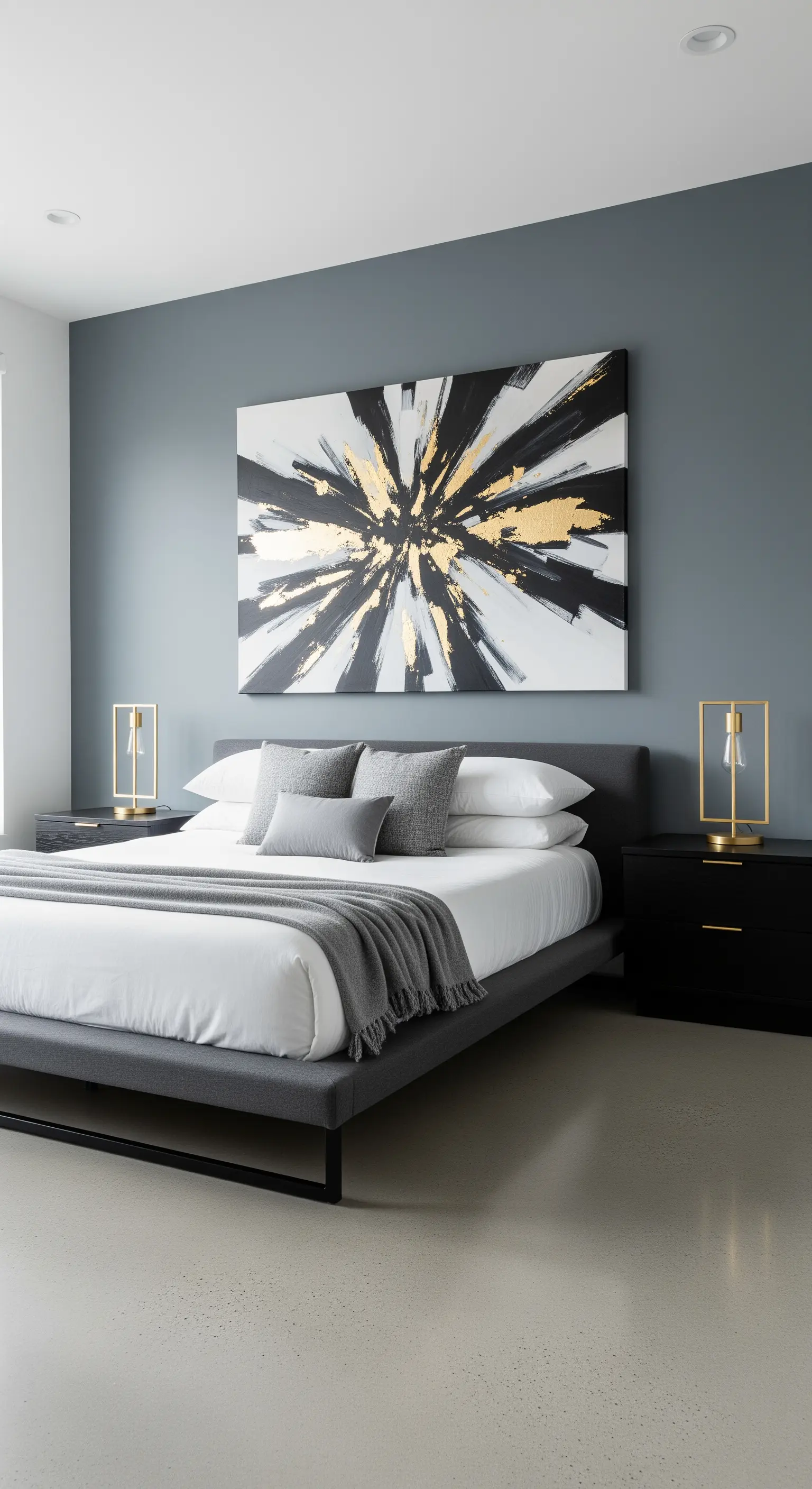 Camera da letto moderna con parete grigio-blu e un grande quadro astratto con tocchi d'oro.