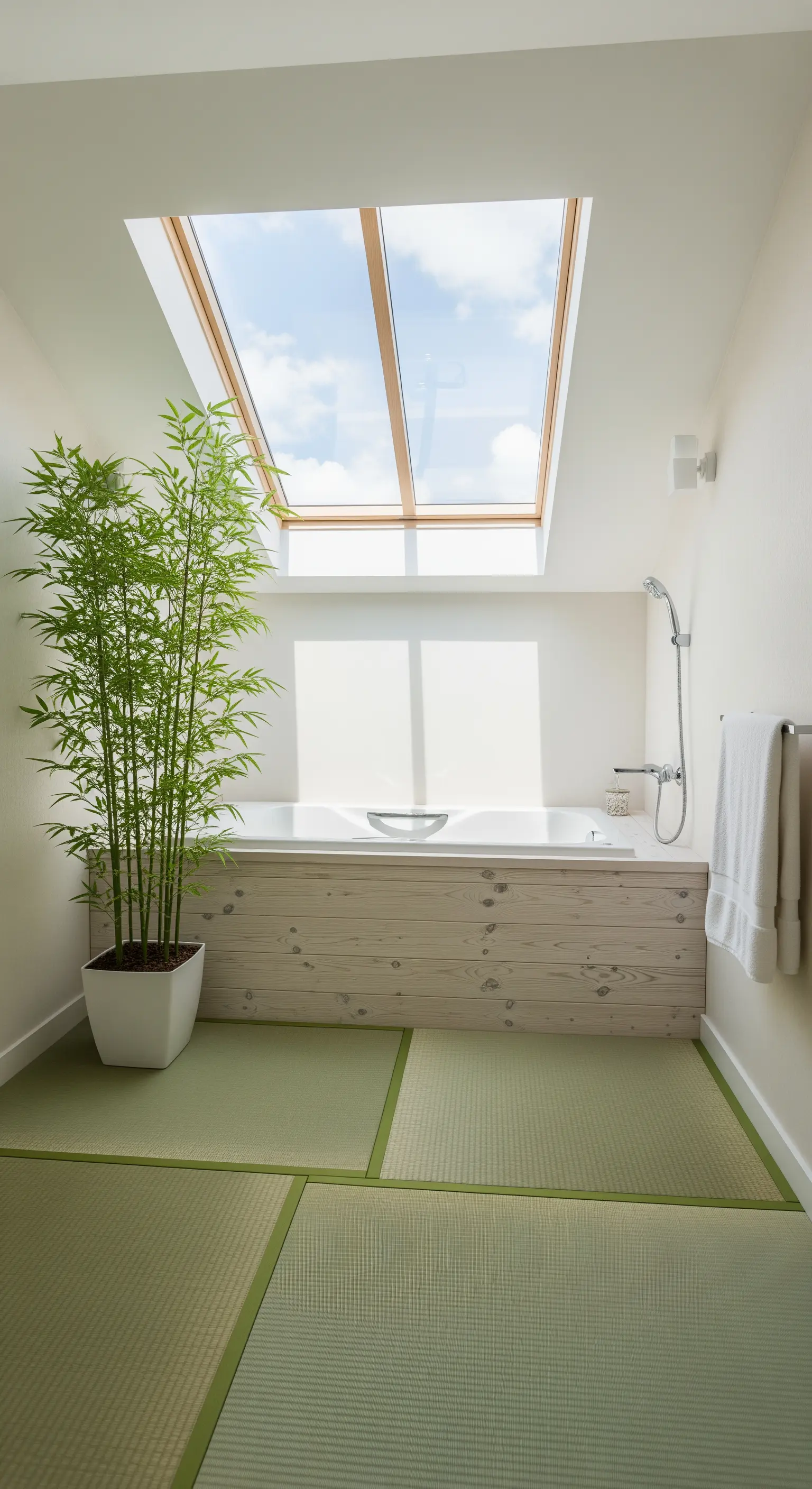 Bagno luminoso con lucernario, vasca rivestita in legno chiaro e pianta di bambù.