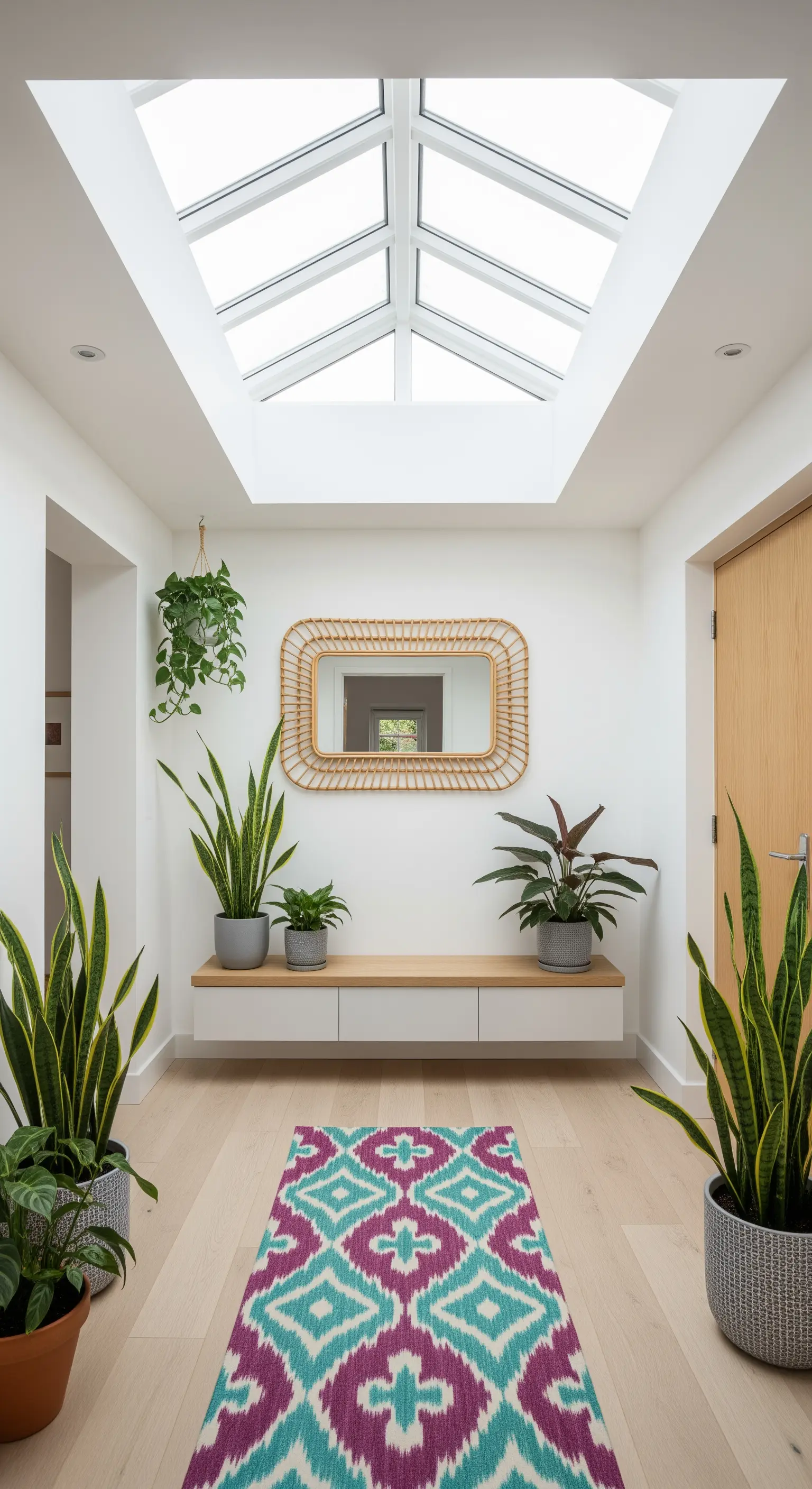 Corridoio luminoso con lucernario, panca sospesa e tante piante verdi.