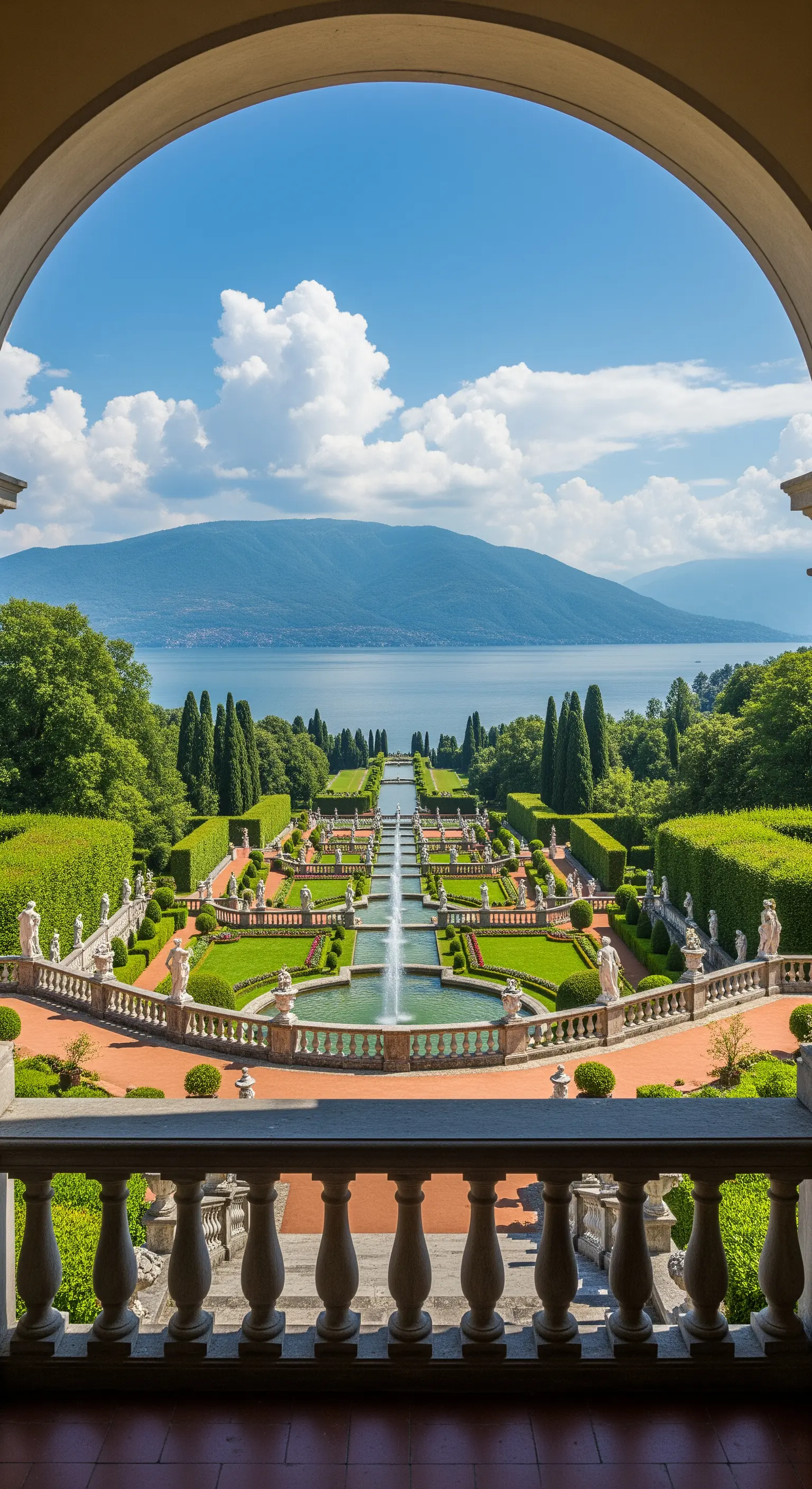 Vista panoramica di un grande giardino all'italiana e di un lago, incorniciata da un grande arco in pietra