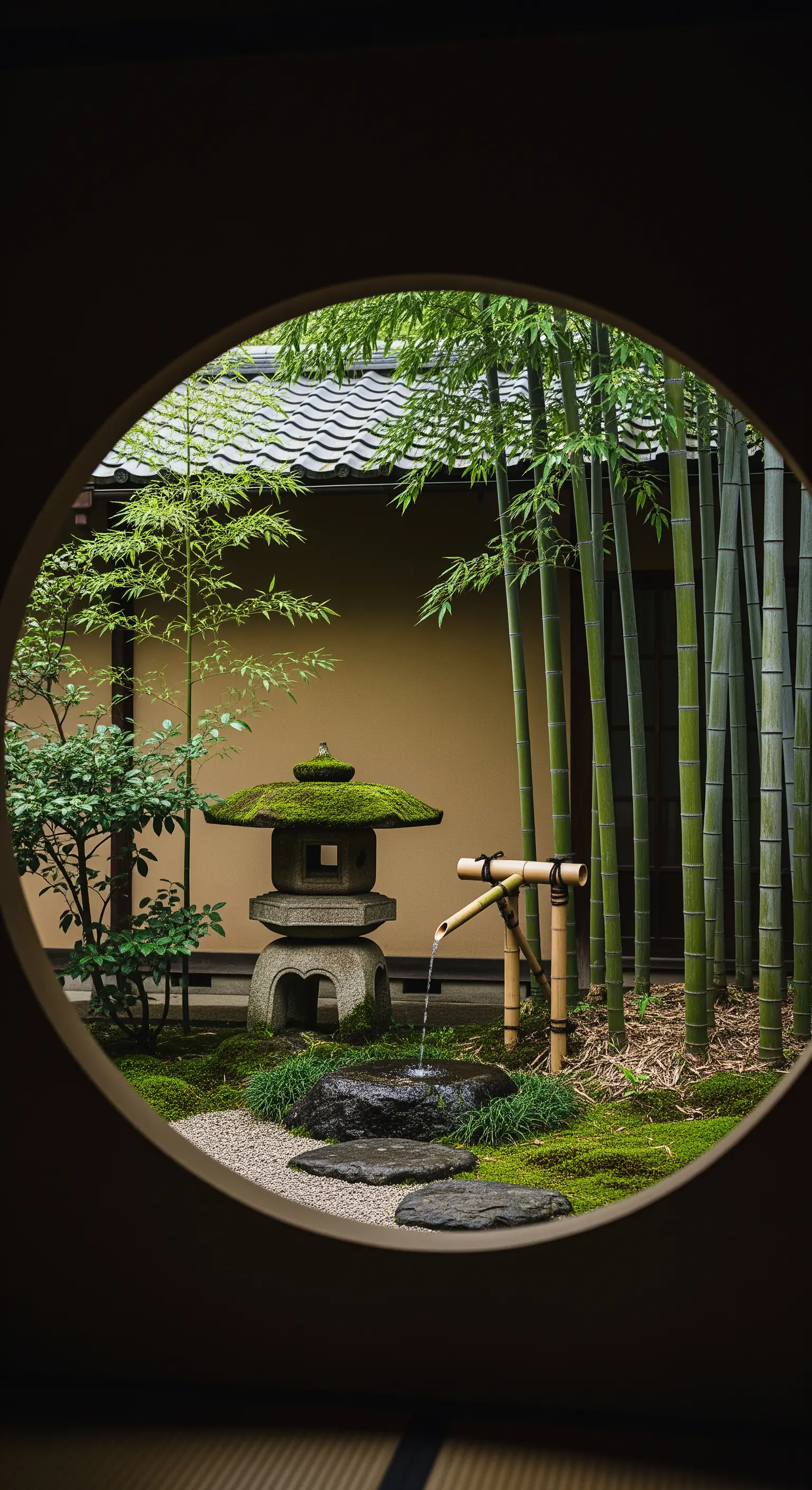 Giardino zen con lanterna e bambù visto attraverso una finestra circolare.