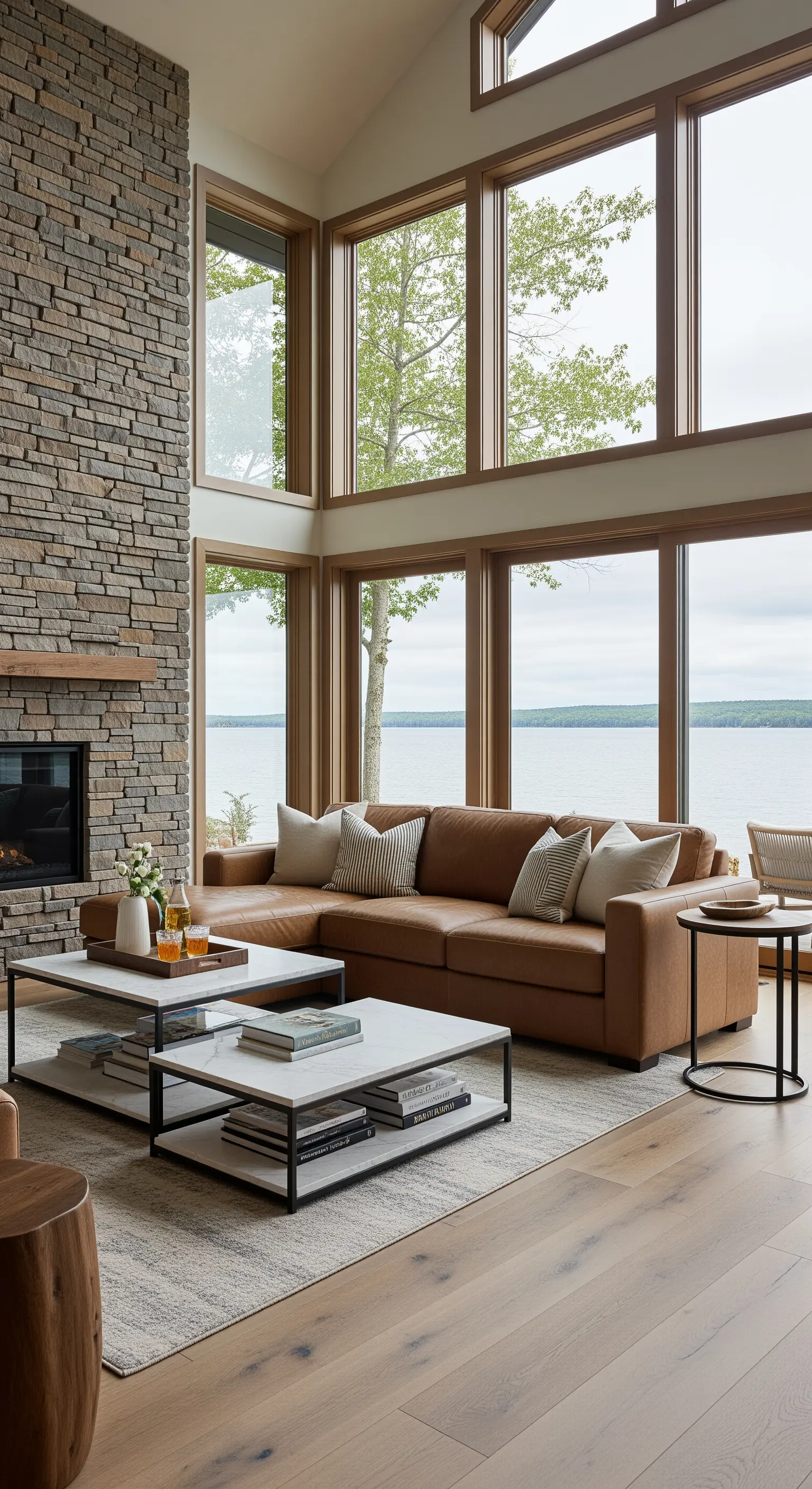 Soggiorno con ampie vetrate vista lago, divano angolare in pelle e parete in pietra.
