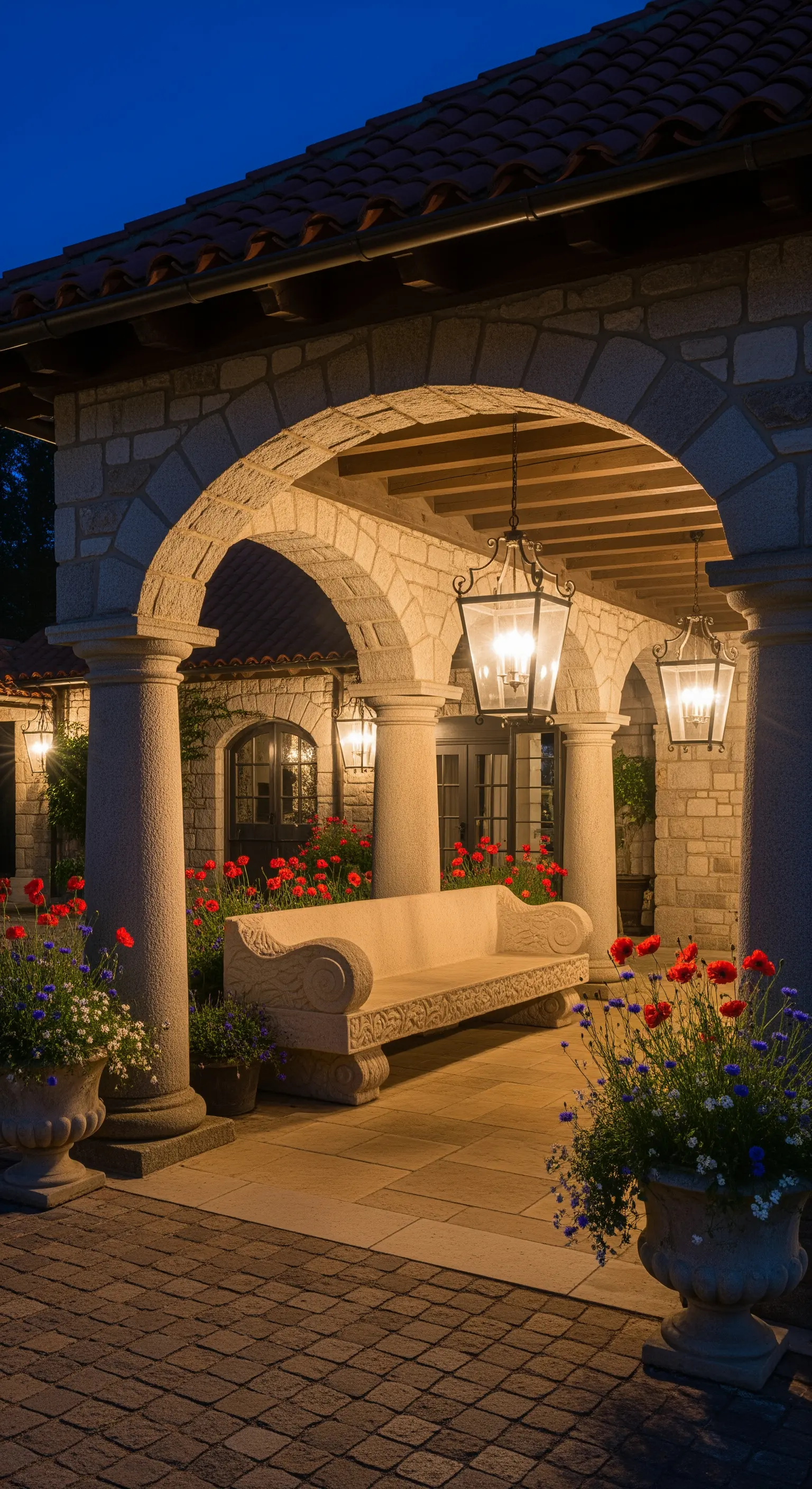 Elegante panca in pietra scolpita sotto un portico ad archi, incorniciata da vasi di papaveri rossi