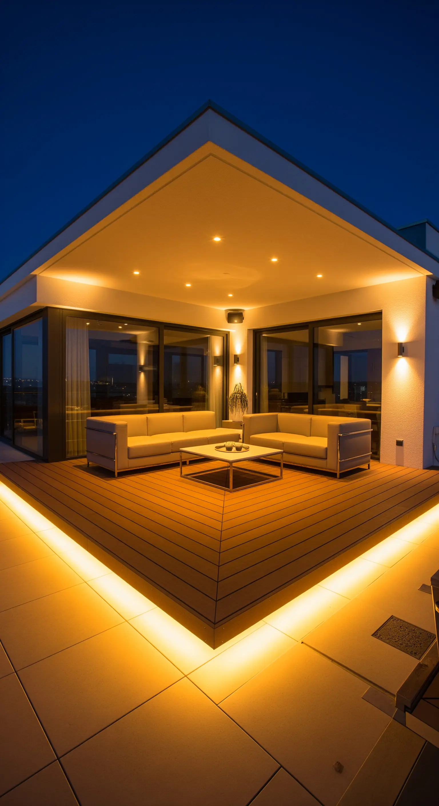 Grande terrazza moderna con pedana in legno incorniciata da una linea di luce a LED