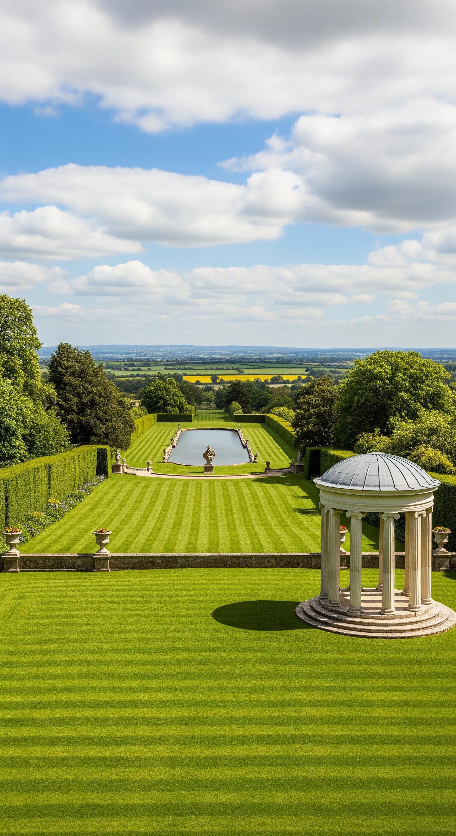 Vista panoramica da un giardino formale su una campagna collinare, con un tempio classico in primo piano