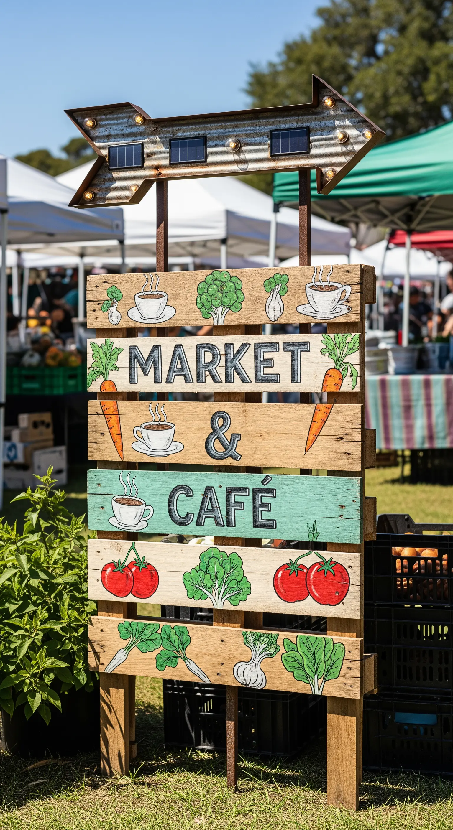 Cartello da mercato in legno dipinto con freccia luminosa a pannelli solari.