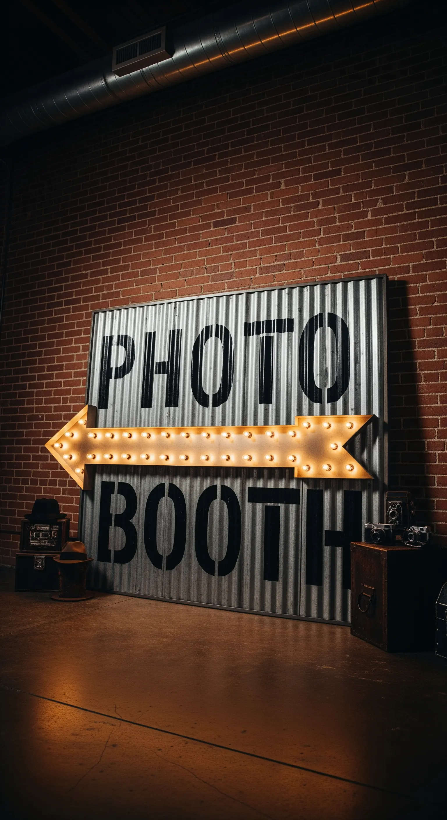 Grande insegna per photo booth in stile industriale con lamiera ondulata e freccia luminosa.