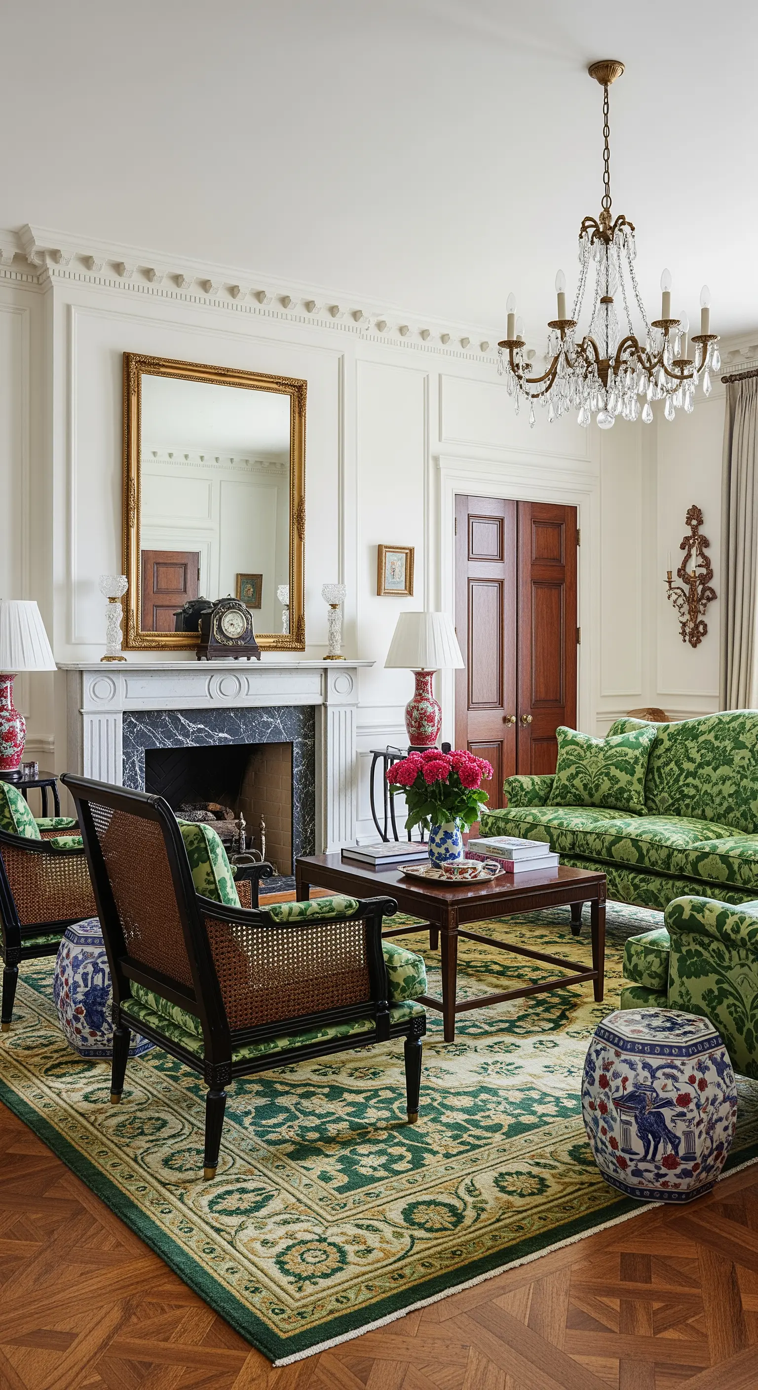 Salotto classico con boiserie e divano con tappezzeria a motivi floreali verdi.