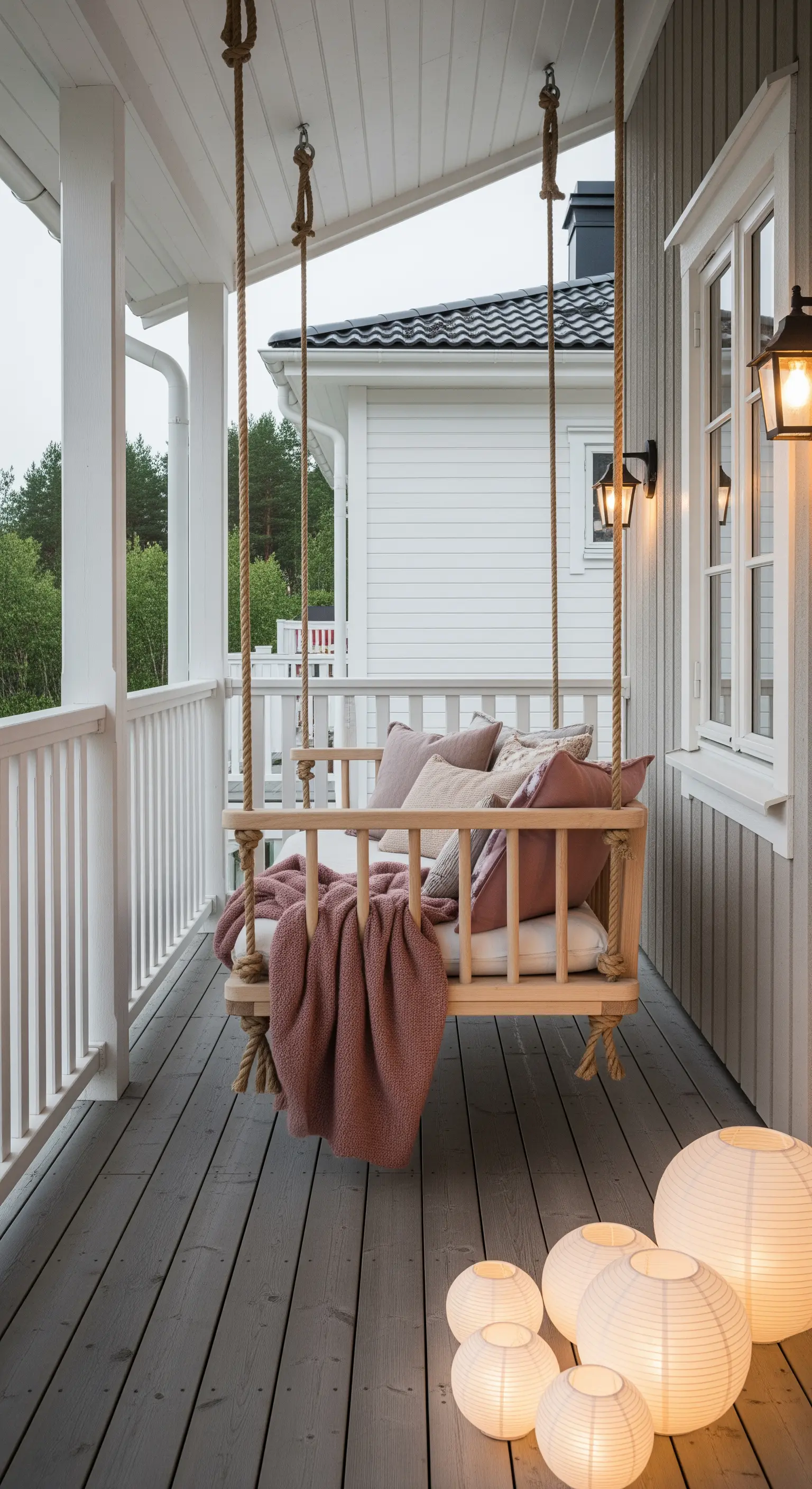 Altalena da portico in legno con cuscini e plaid rosa, circondata da lanterne sferiche
