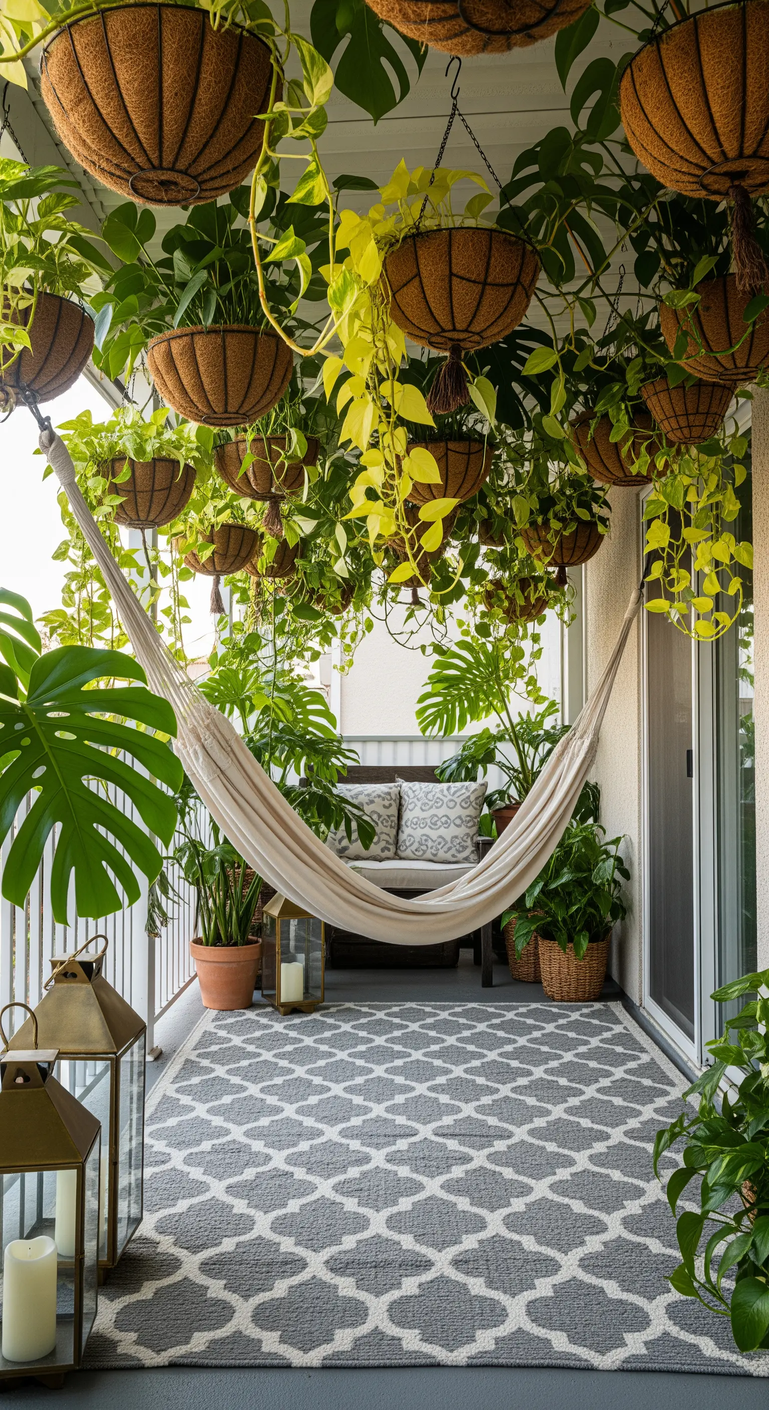 Balcone trasformato in giungla urbana con amaca, piante sospese e tappeto geometrico.