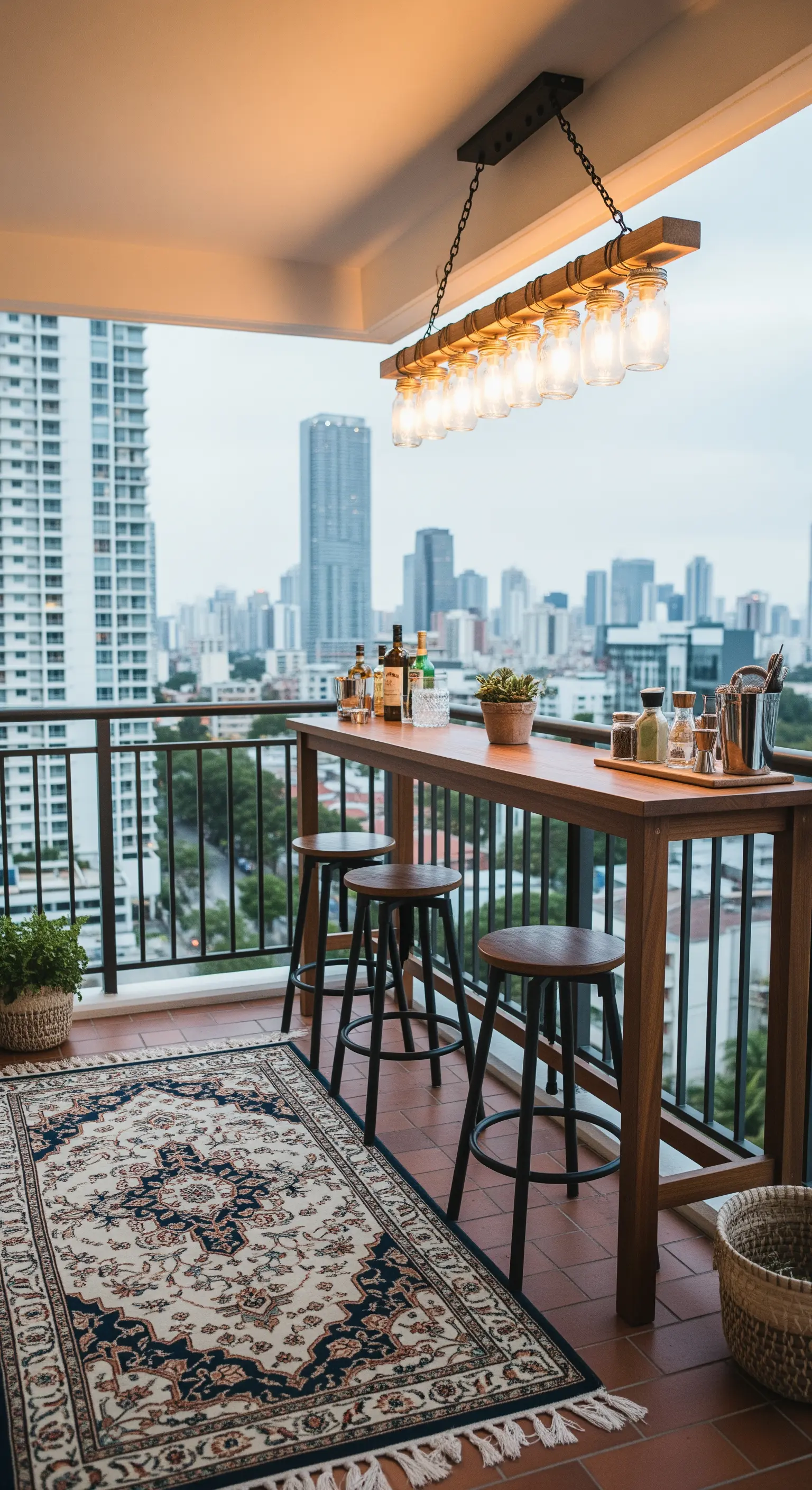 Balcone con bancone bar in legno affacciato sulla città, sgabelli alti e tappeto persiano.