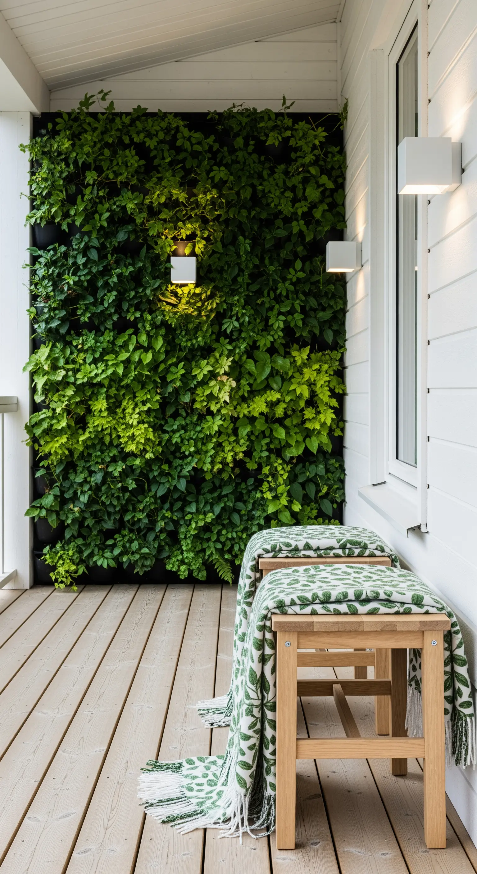 Parete verde verticale su una veranda, con due panche in legno e plaid a foglie