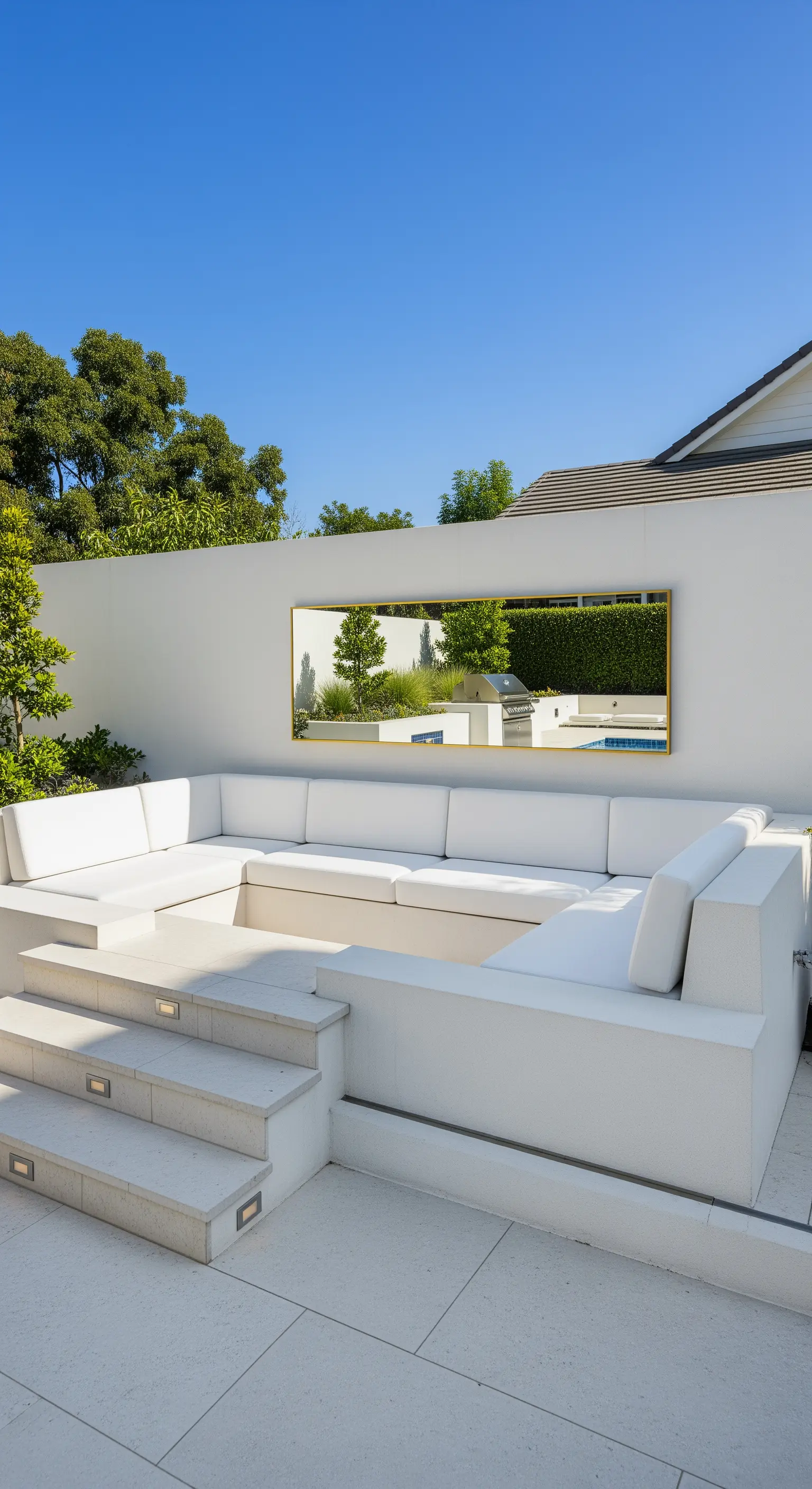 Patio bianco minimalista con sedute in muratura e un lungo specchio orizzontale dorato