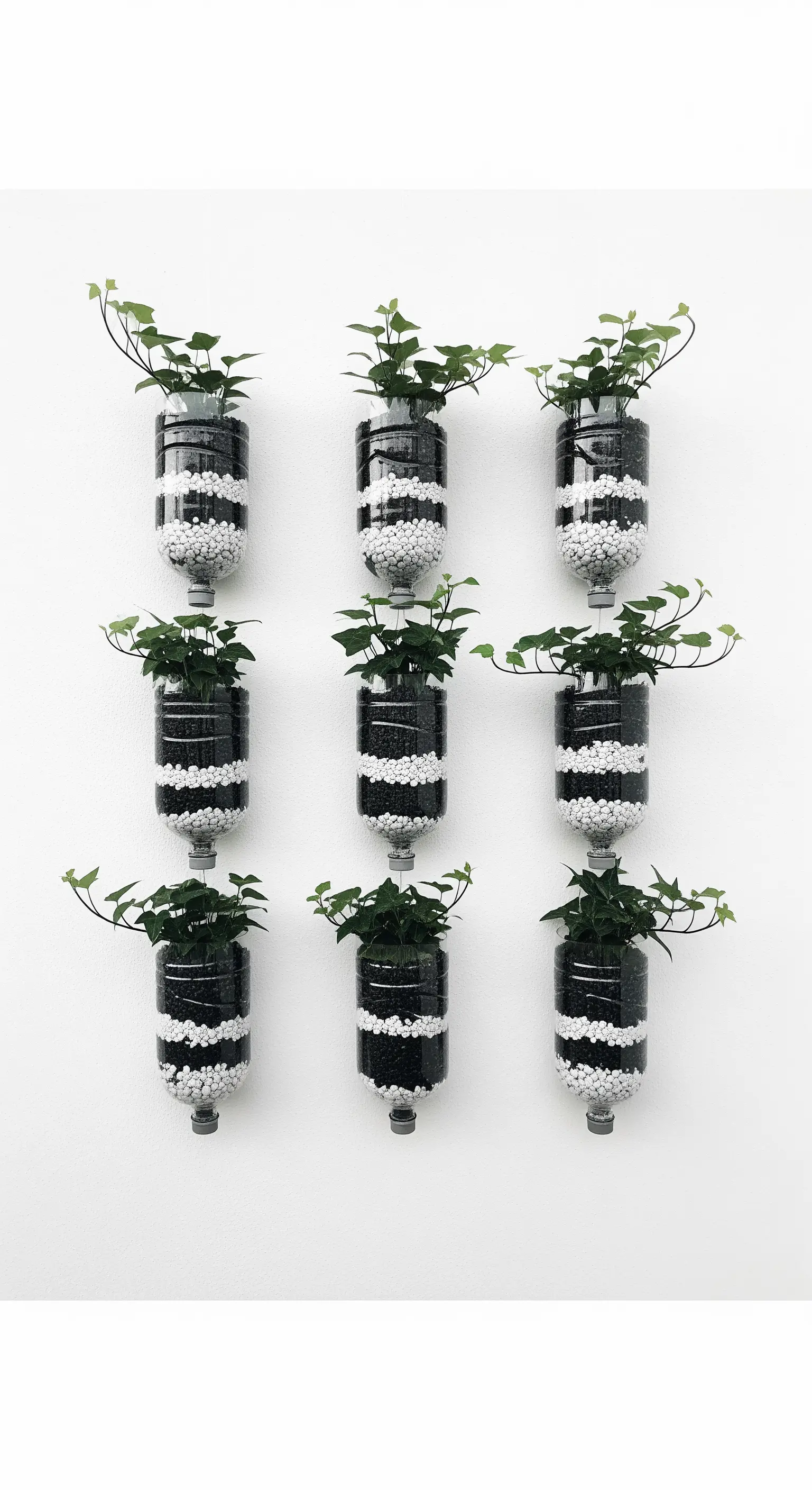 Griglia di nove fioriere a parete con strati di terriccio nero e perlite bianca.