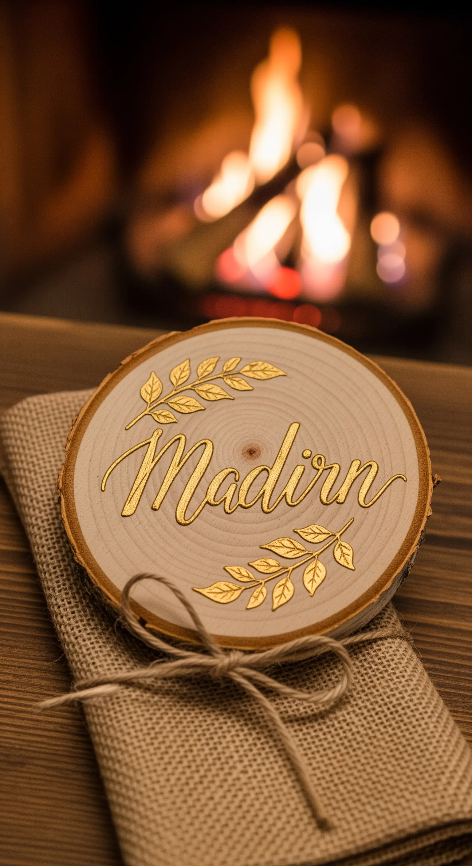 Segnaposto su una fetta di legno con nome e decorazioni dorate, su un tovagliolo di juta.