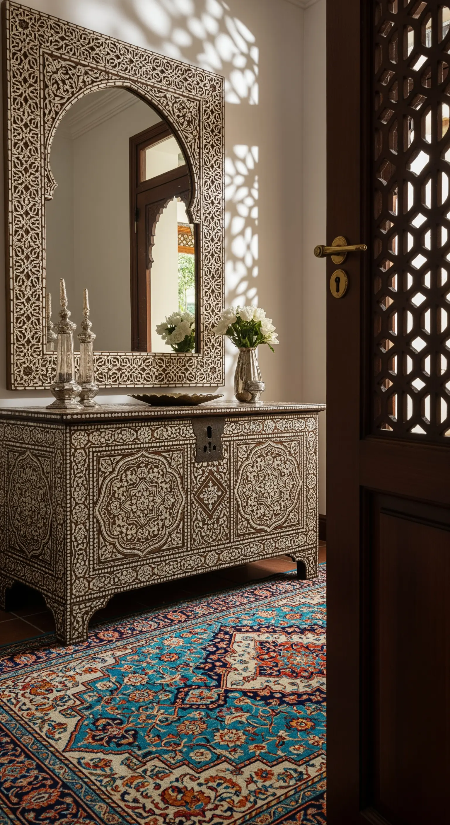 Ingresso marocchino con mobile e specchio intarsiati e porta in legno traforato.