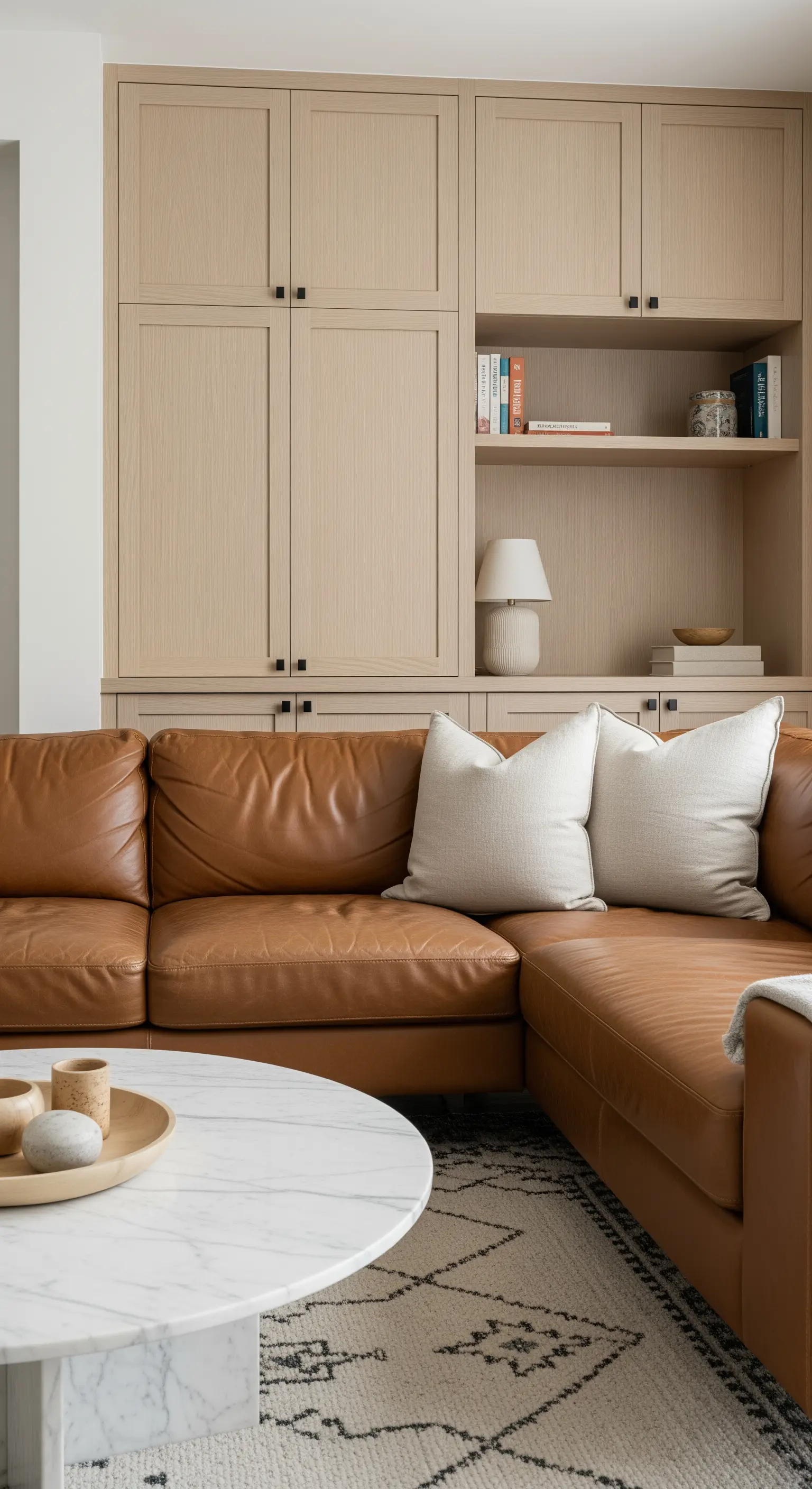 Primo piano di un divano angolare in pelle con una parete attrezzata in legno chiaro sullo sfondo.