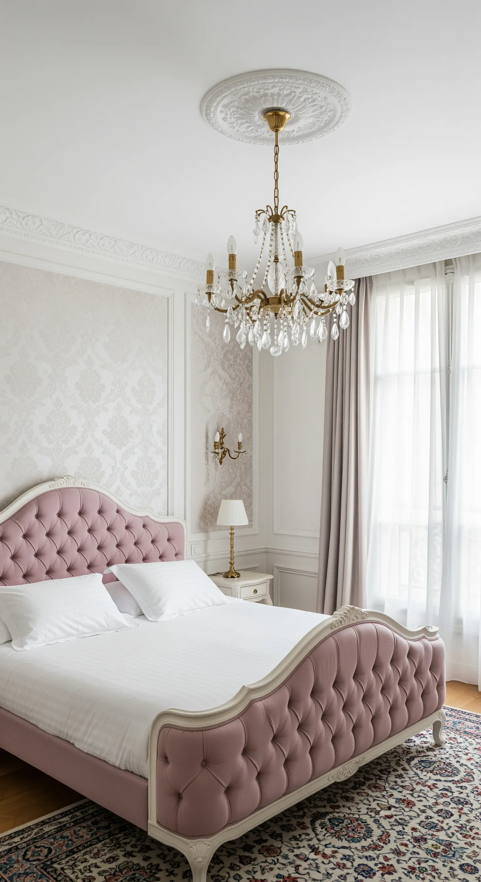 Camera da letto in stile classico con letto capitonné rosa, boiserie e lampadario di cristallo.