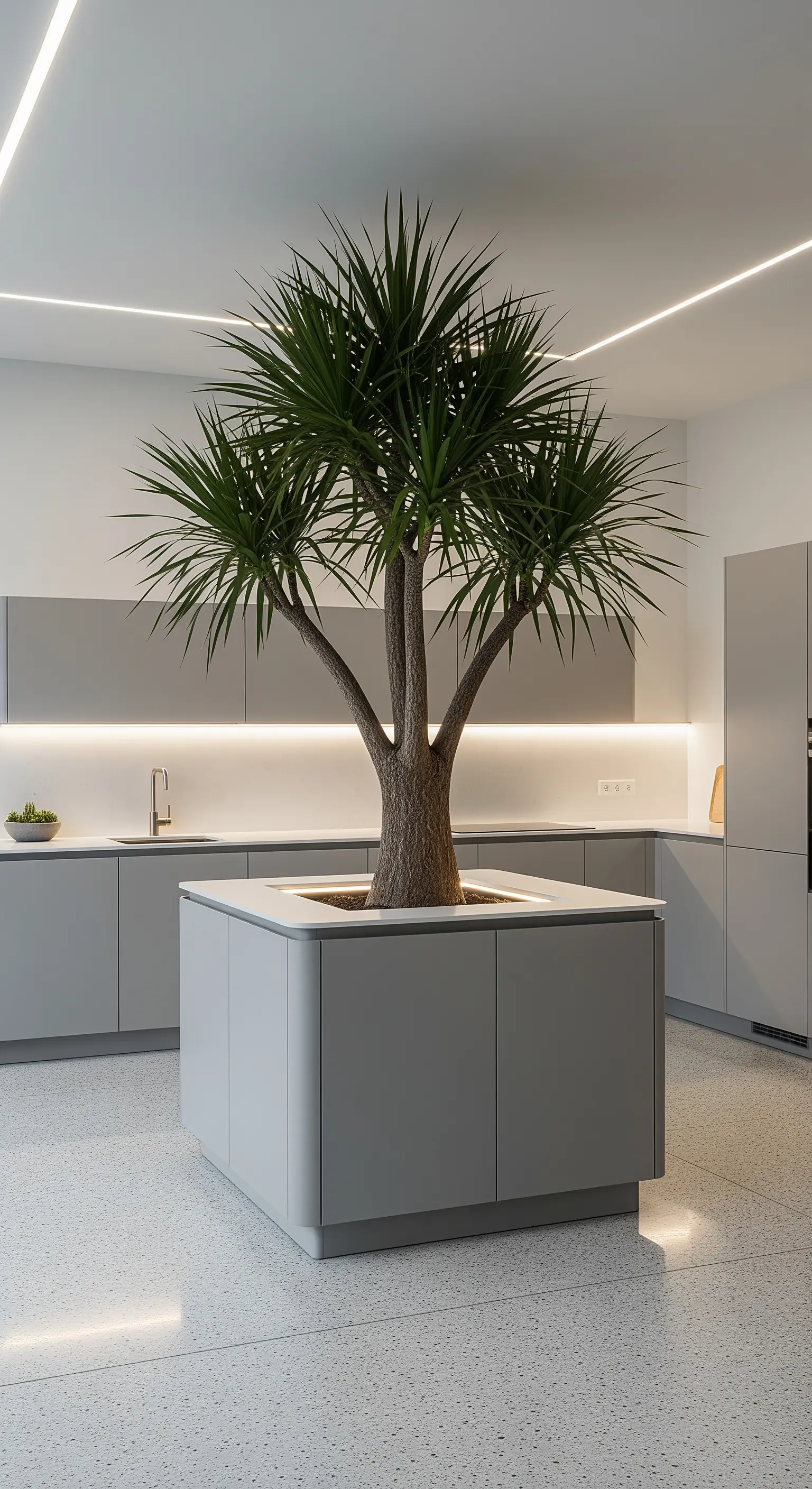 Isola da cucina minimalista grigia con una dracaena che cresce al centro.