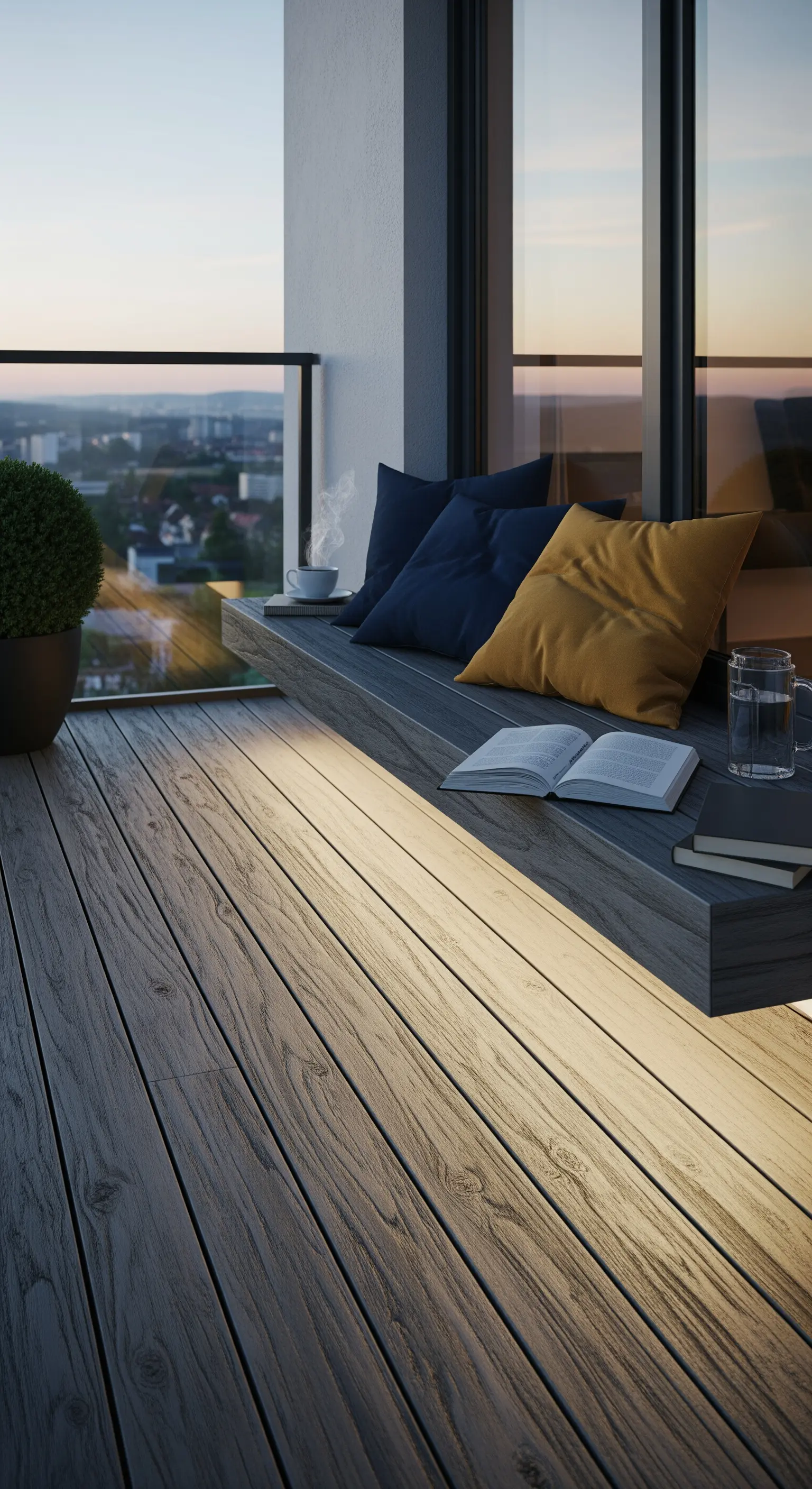 Panca in legno composito con luce LED integrata, cuscini e un libro aperto