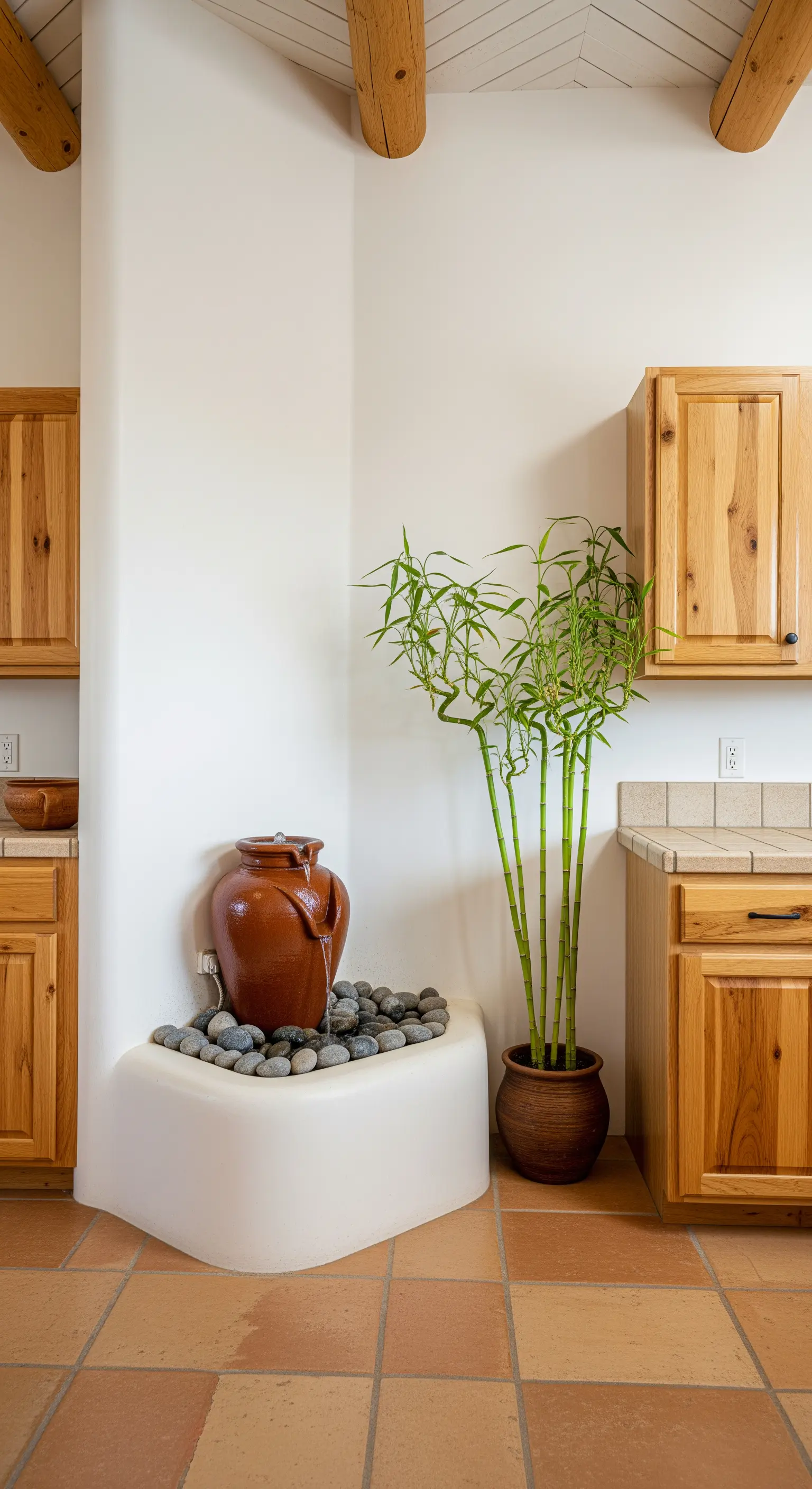 Angolo cucina con fontana in terracotta integrata in una base in muratura curva.