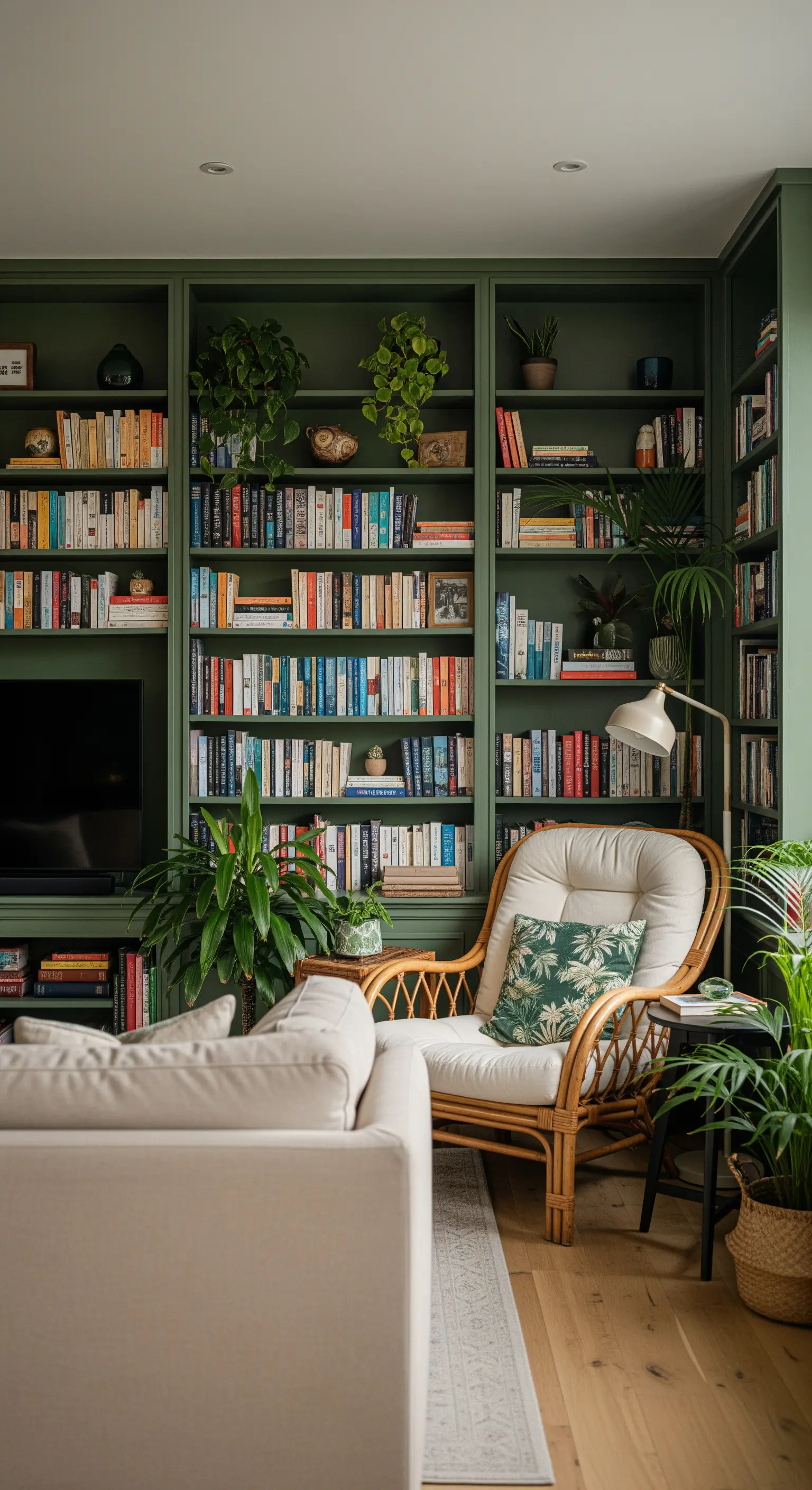 Grande libreria verde scuro a tutta parete con una poltrona in rattan per la lettura.