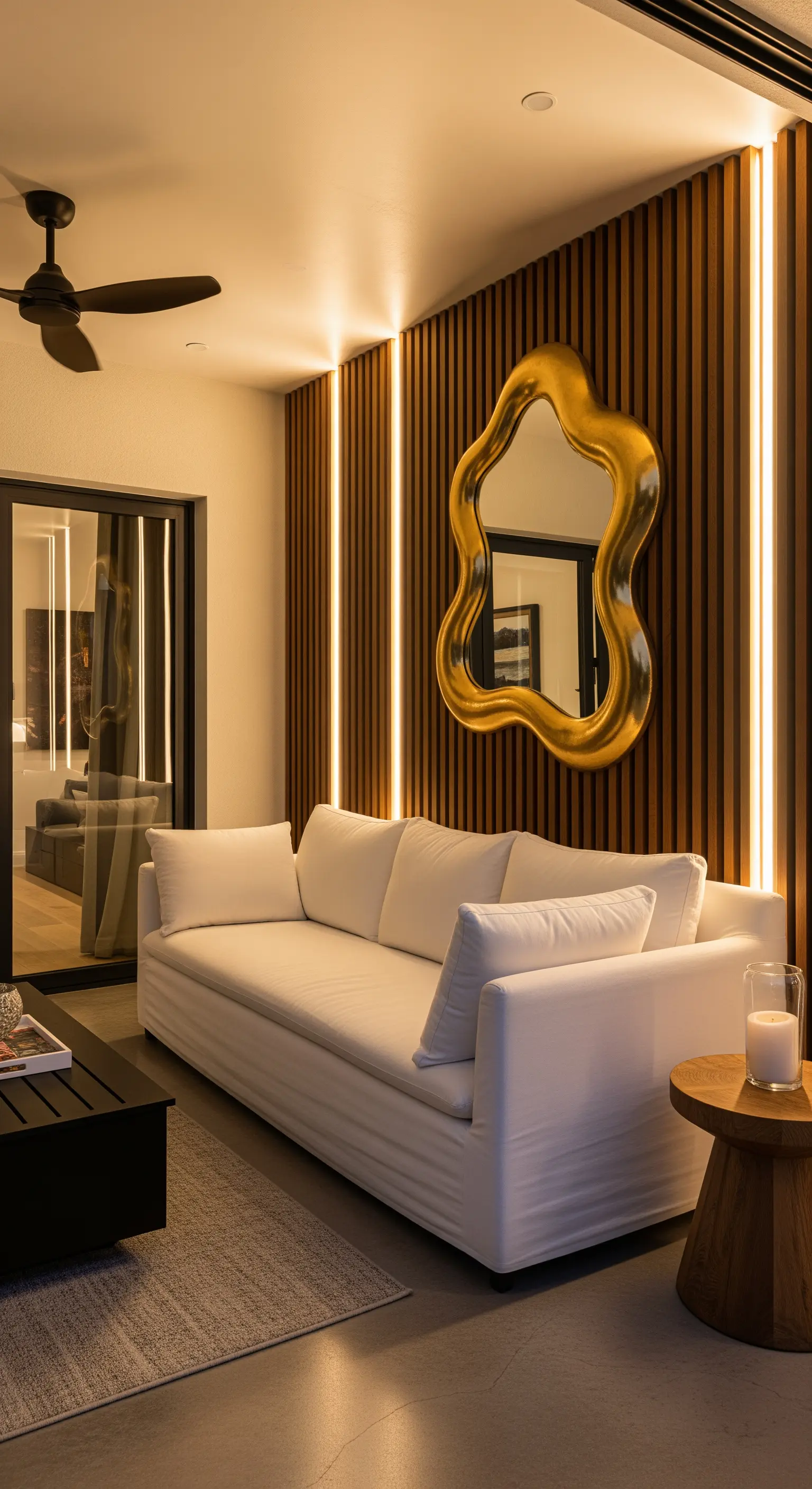 Divano bianco di fronte a una parete in legno con luci LED verticali e uno specchio dorato