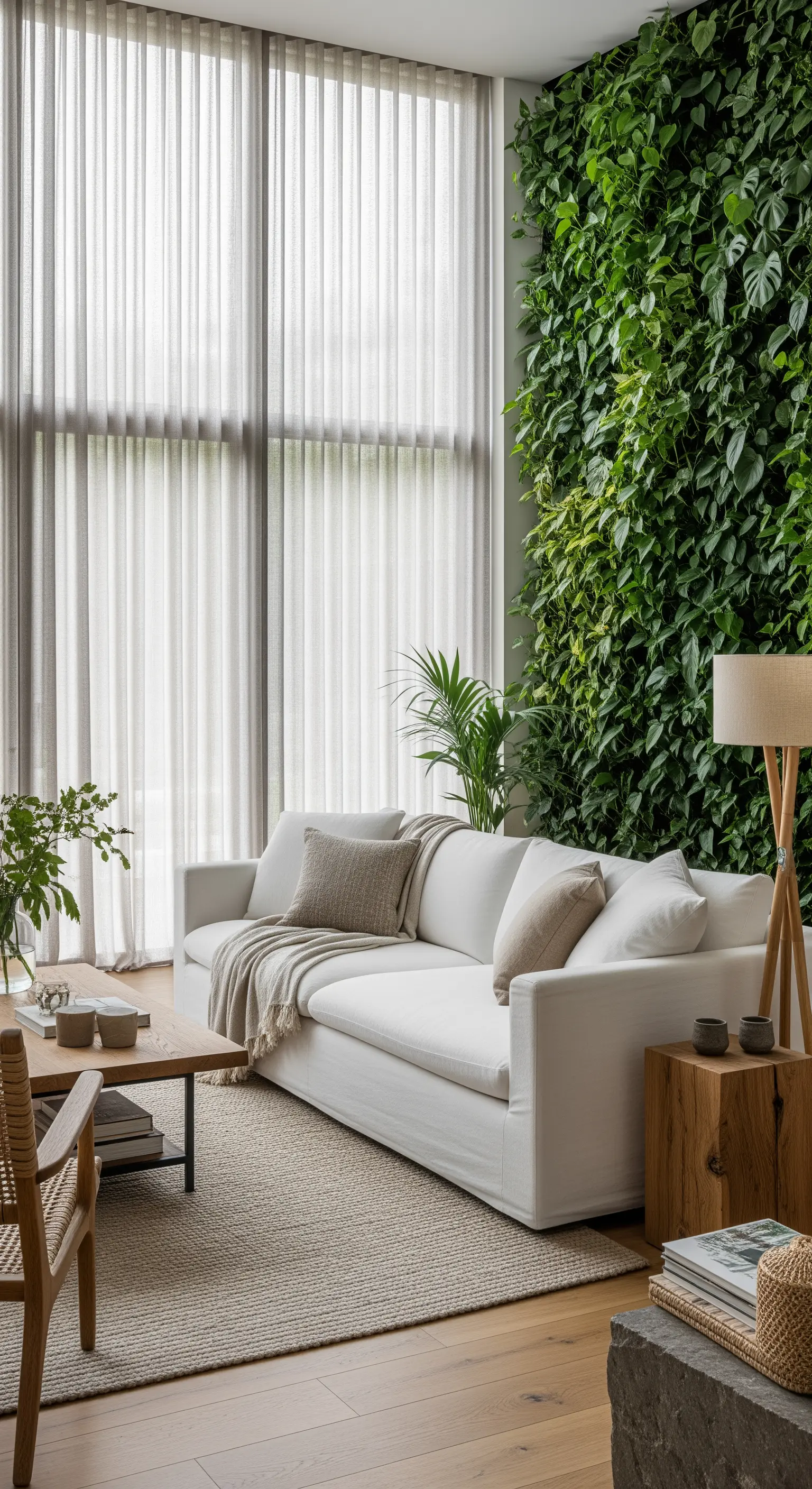 Divano bianco posizionato di fronte a una rigogliosa parete vegetale e a una grande finestra con tende.