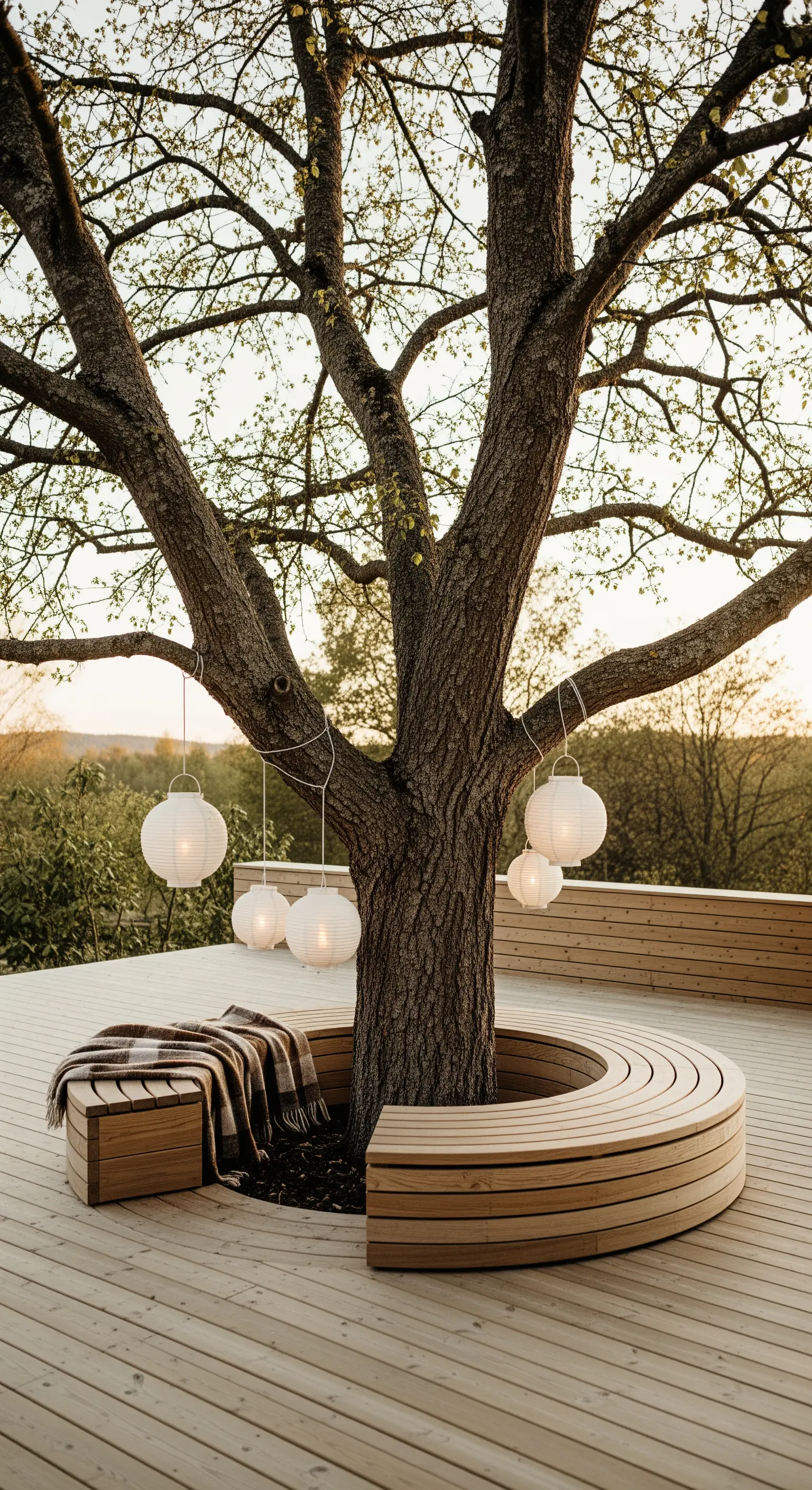 Panca circolare in legno costruita attorno a un grande albero su una terrazza