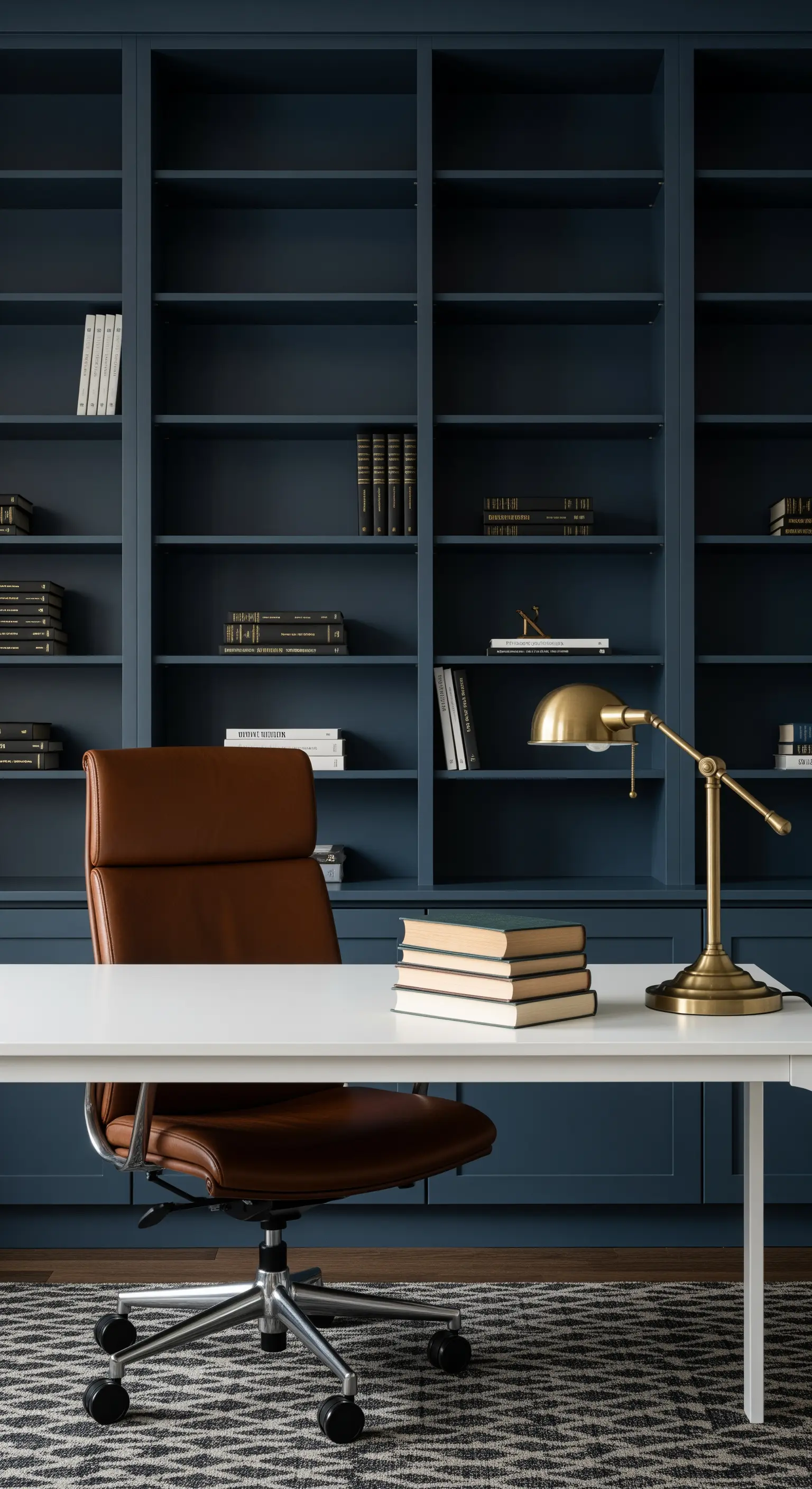 Scrivania bianca integrata in una libreria a tutta parete blu scuro, con sedia in pelle marrone.