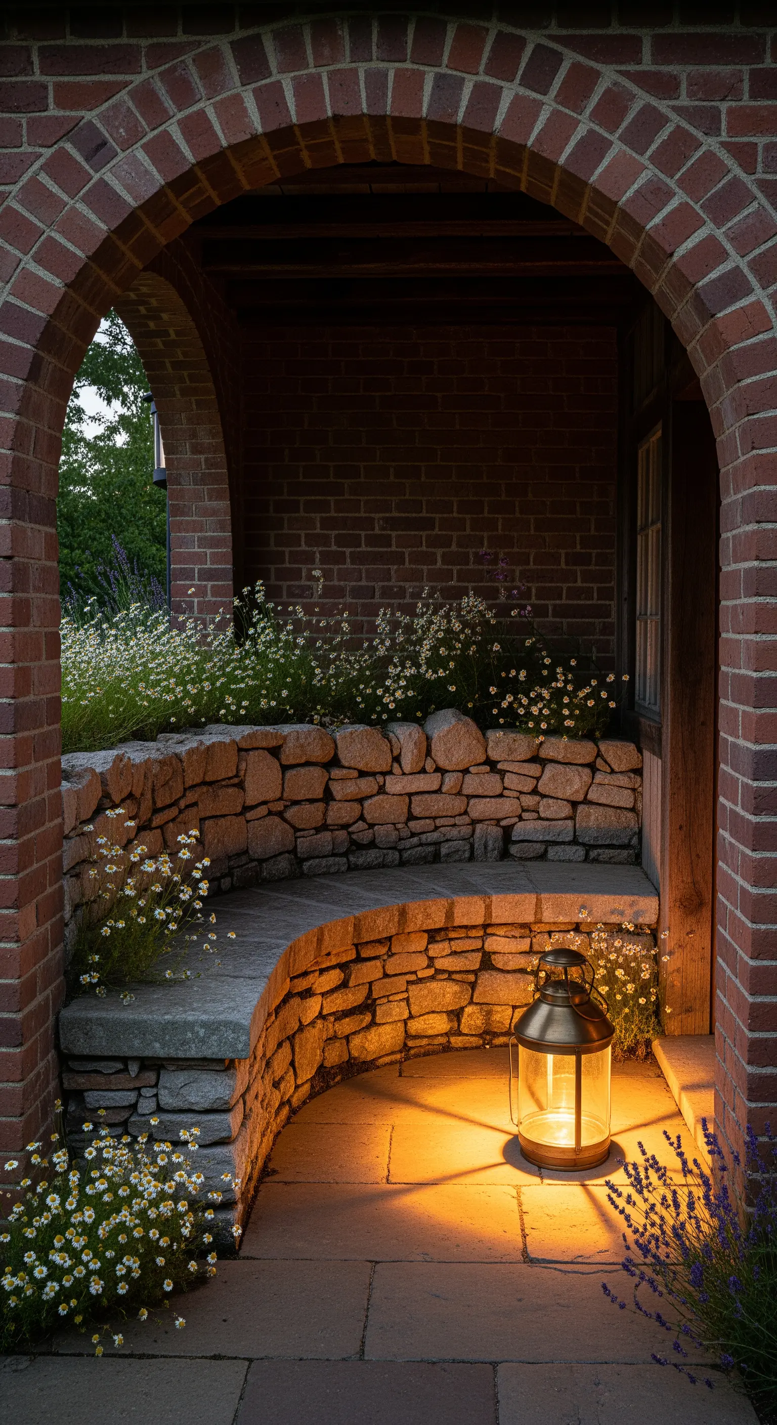 Panca curva in pietra a secco integrata in un arco di mattoni, illuminata da una lanterna