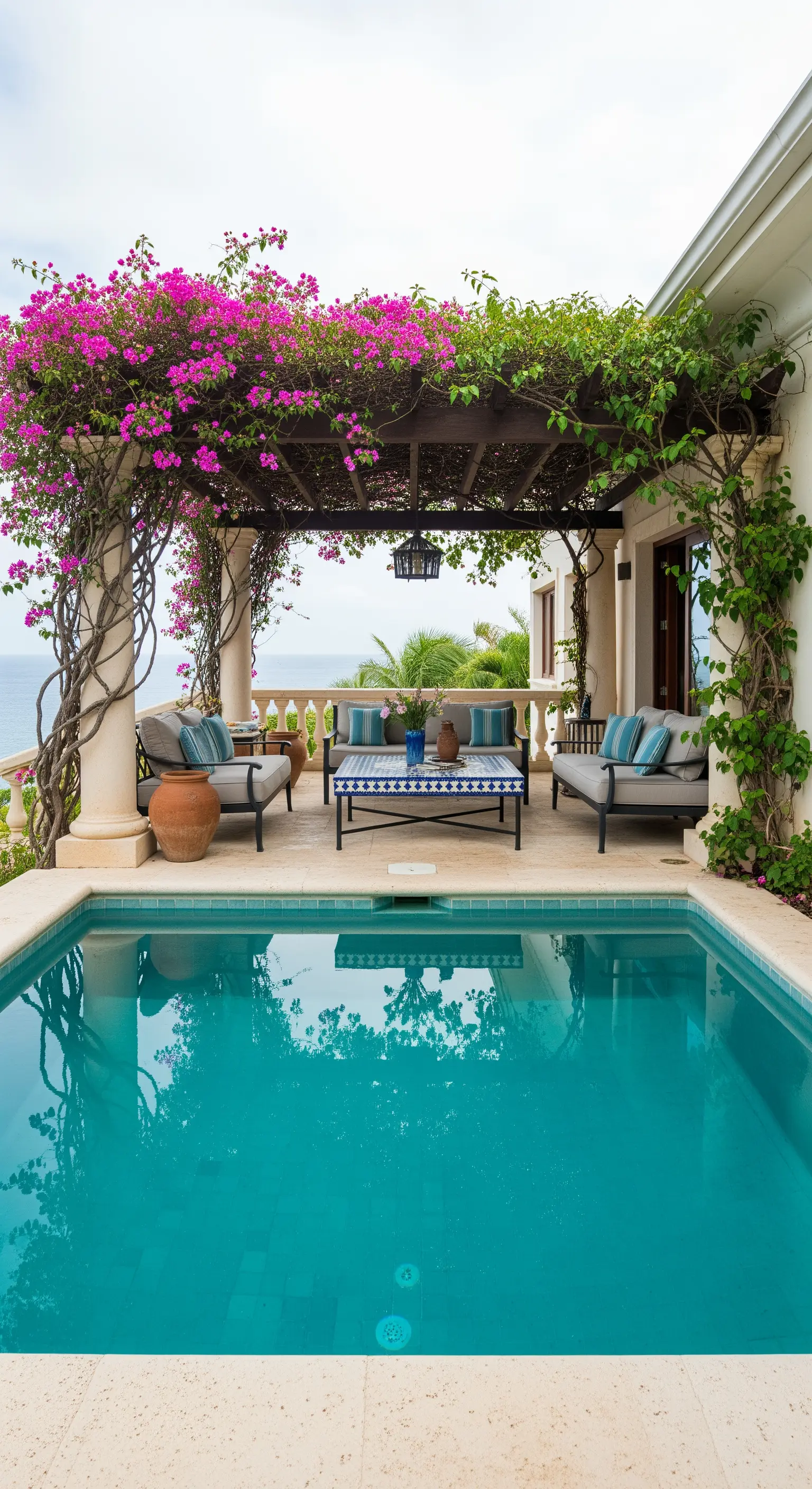 Pergolato a bordo piscina con colonne avvolte da bouganville e vite rampicante
