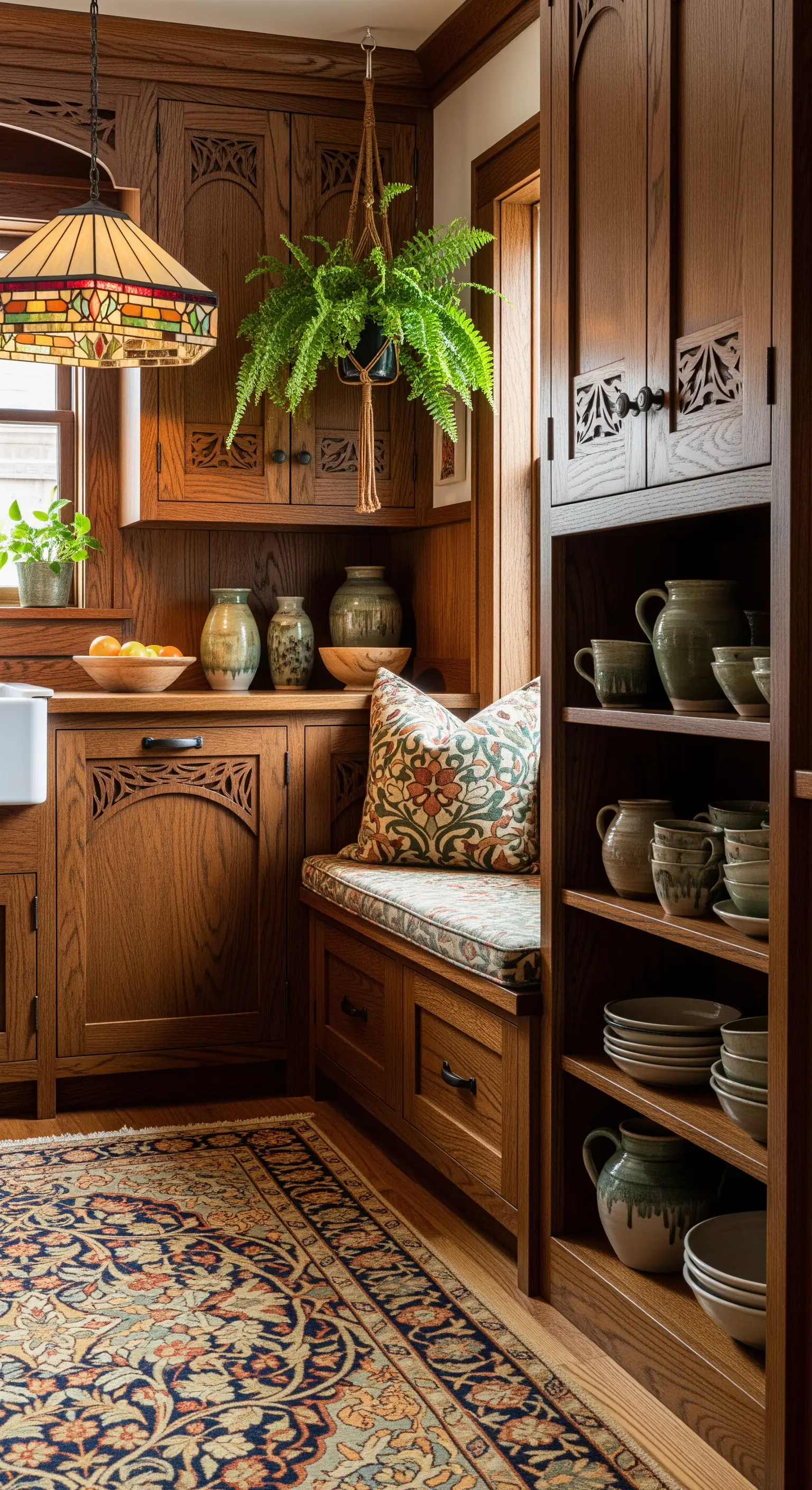 Cucina classica in legno scuro con panca, cuscini floreali, tappeto persiano e felce sospesa.