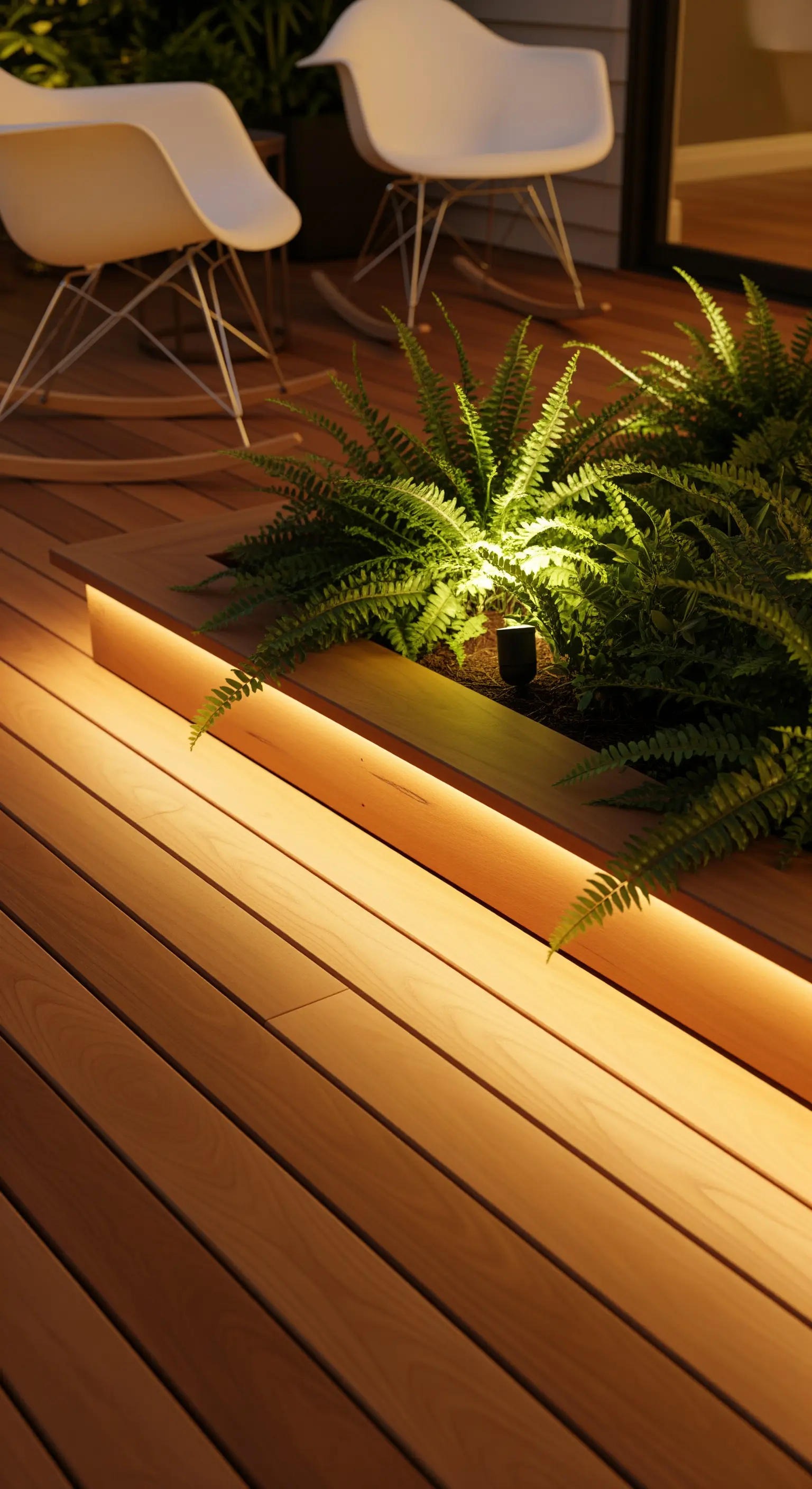 Dettaglio di un pavimento in legno con aiuola integrata e illuminazione a LED nascosta